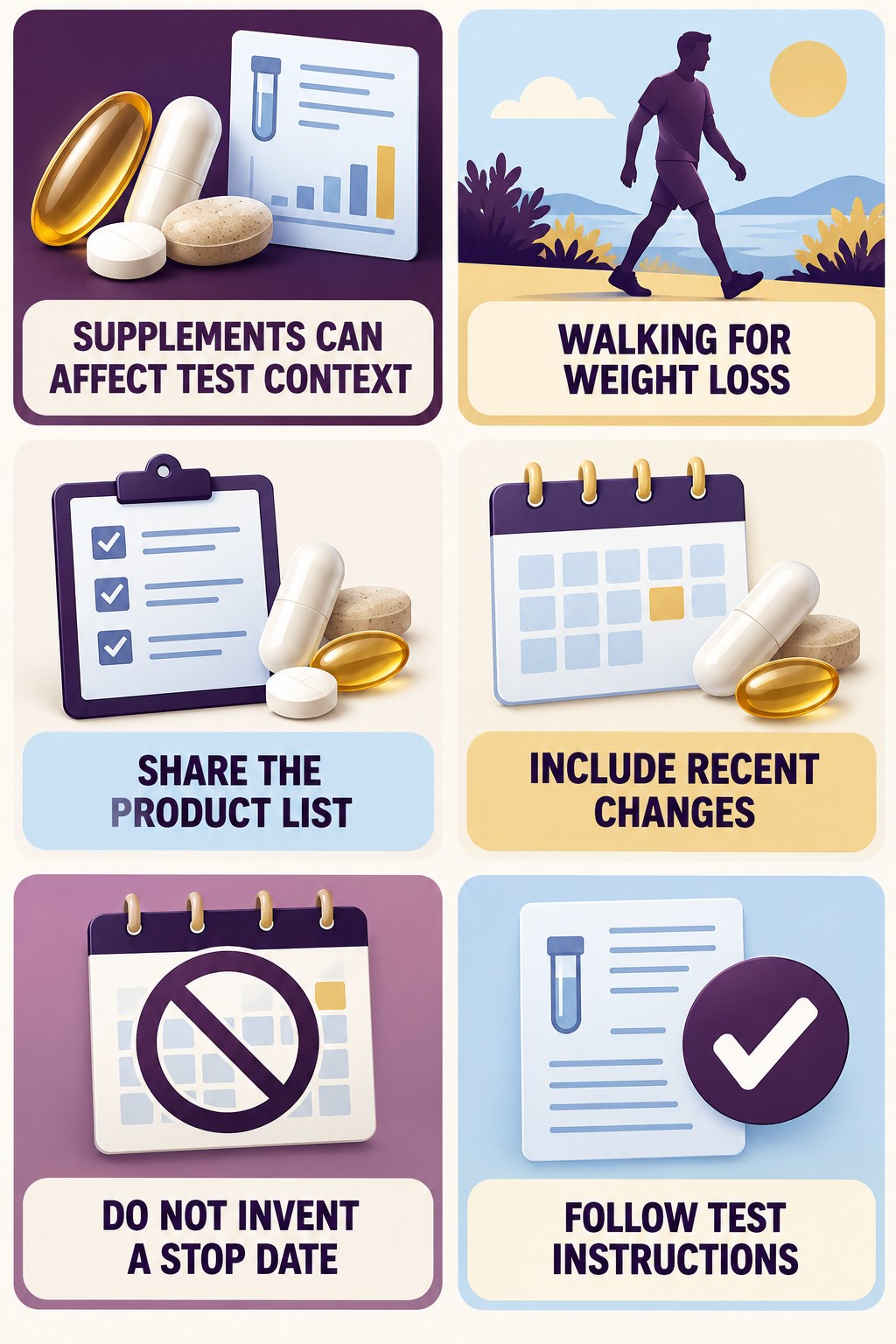 Ask About Supplements Before Lab Work supplement-interaction safety infographic for Walking for Weight Loss with four concise review points.