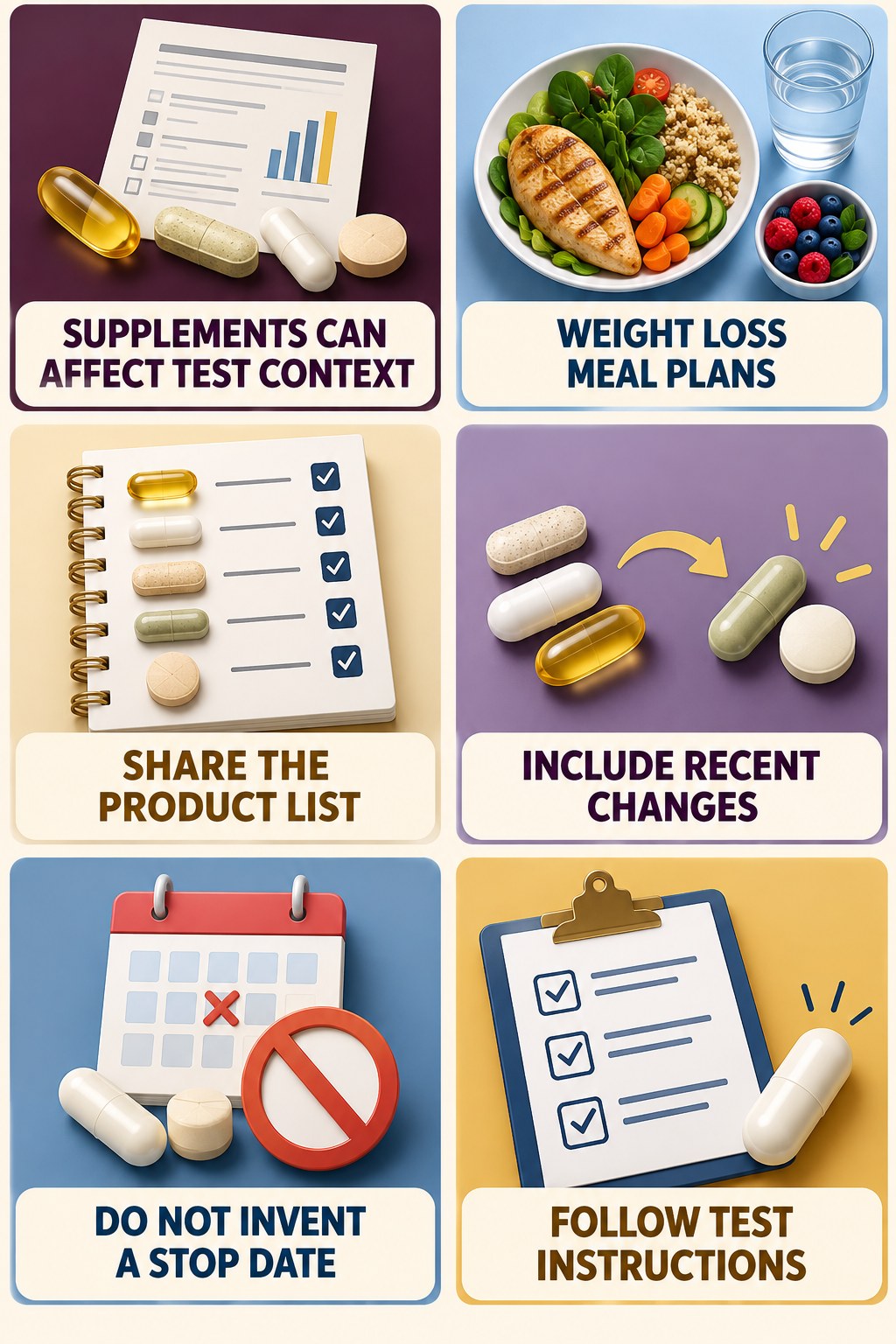 Ask About Supplements Before Lab Work supplement-interaction safety infographic for Weight Loss Meal Plans with four concise review points.
