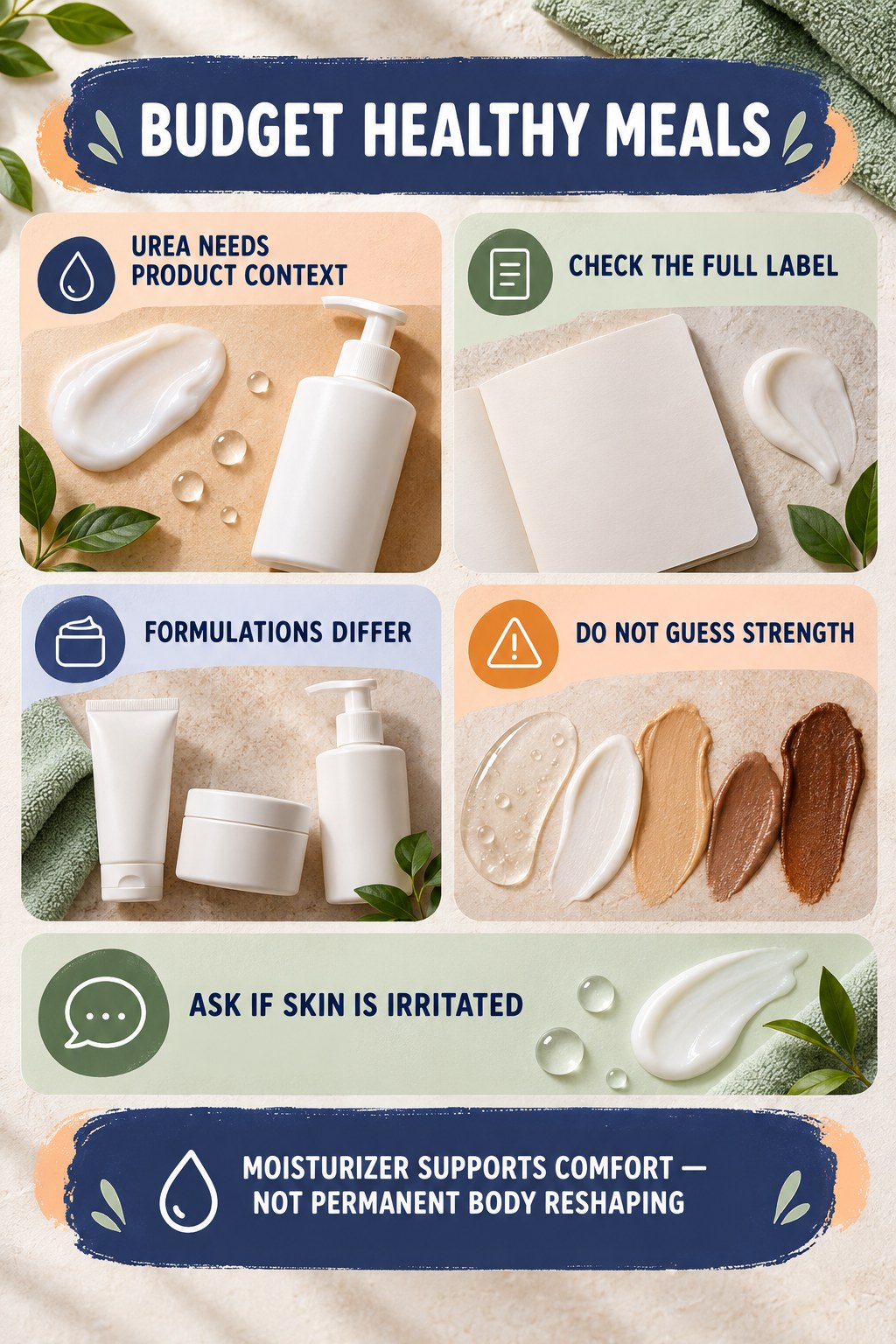 Ask Better Questions About Urea Body Products body-moisturization infographic for Budget Healthy Meals with four body-neutral comfort actions.