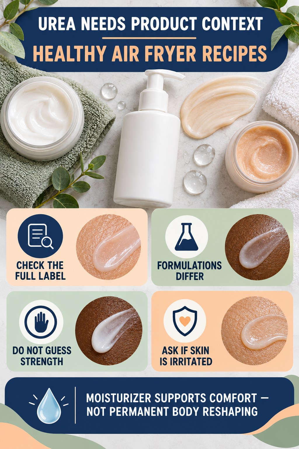 Ask Better Questions About Urea Body Products body-moisturization infographic for Healthy Air Fryer Recipes with four body-neutral comfort actions.