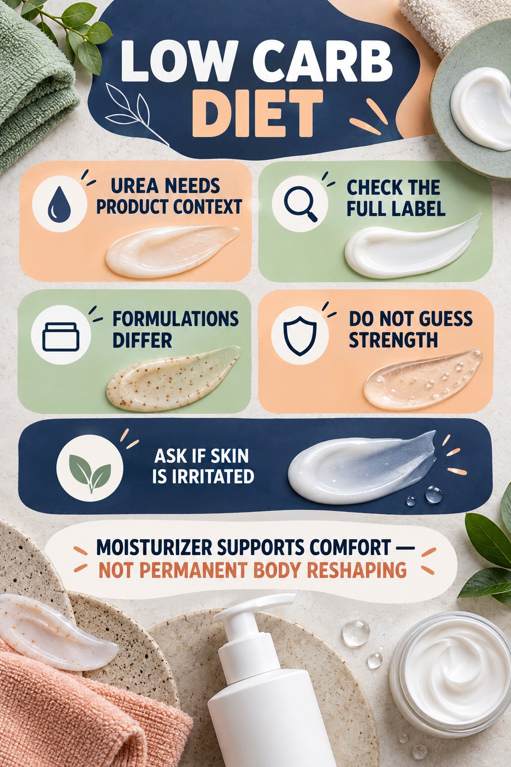 Ask Better Questions About Urea Body Products body-moisturization infographic for Low Carb Diet with four body-neutral comfort actions.