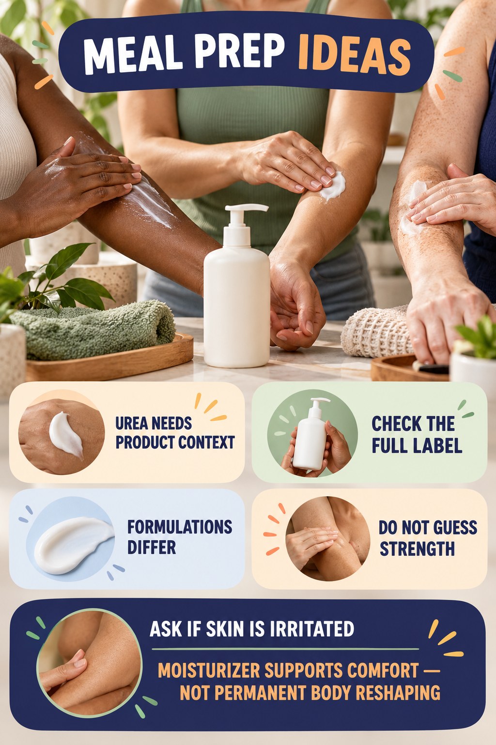 Ask Better Questions About Urea Body Products body-moisturization infographic for Meal Prep Ideas with four body-neutral comfort actions.