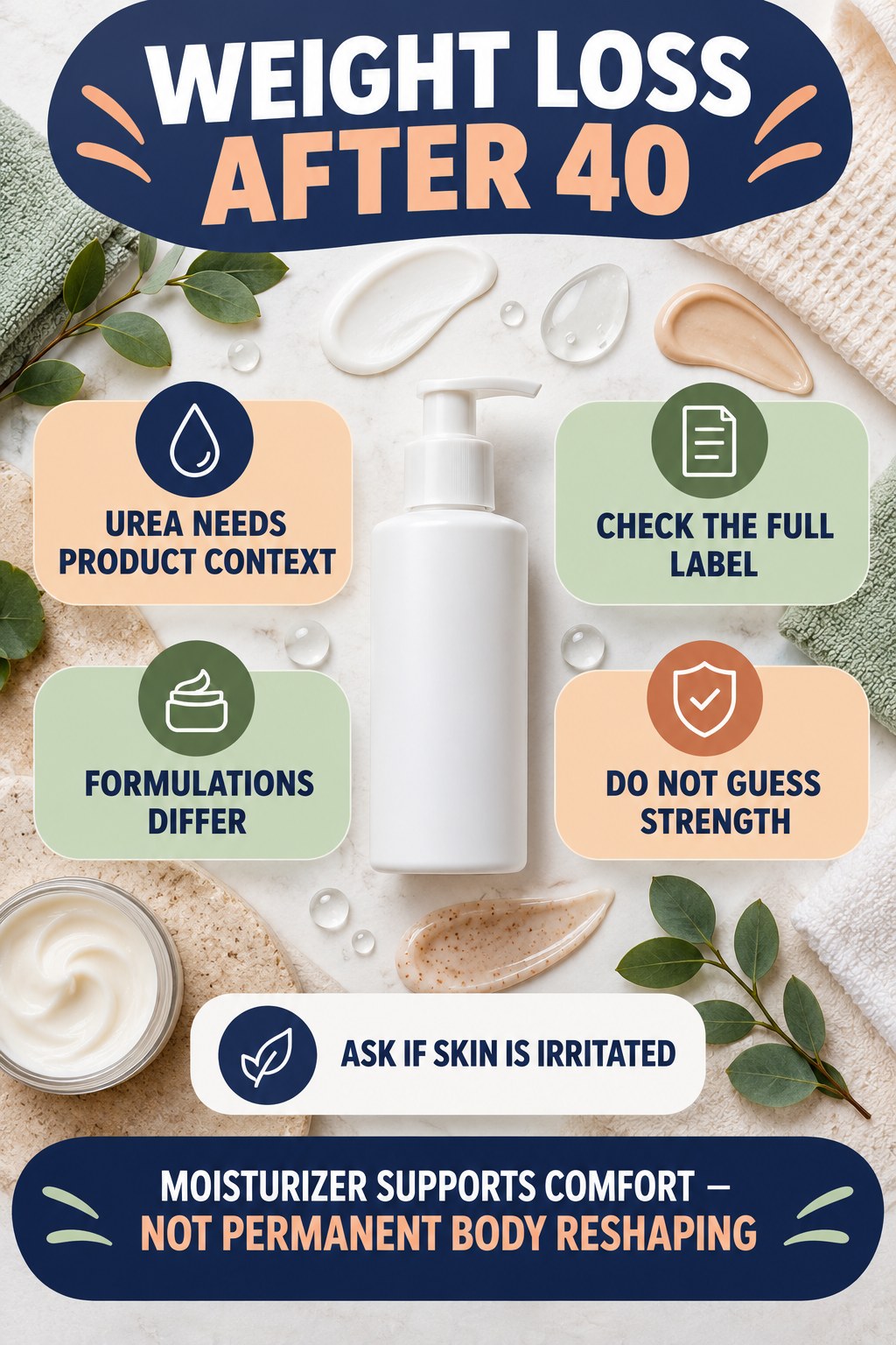 Ask Better Questions About Urea Body Products body-moisturization infographic for Weight Loss After 40 with four body-neutral comfort actions.