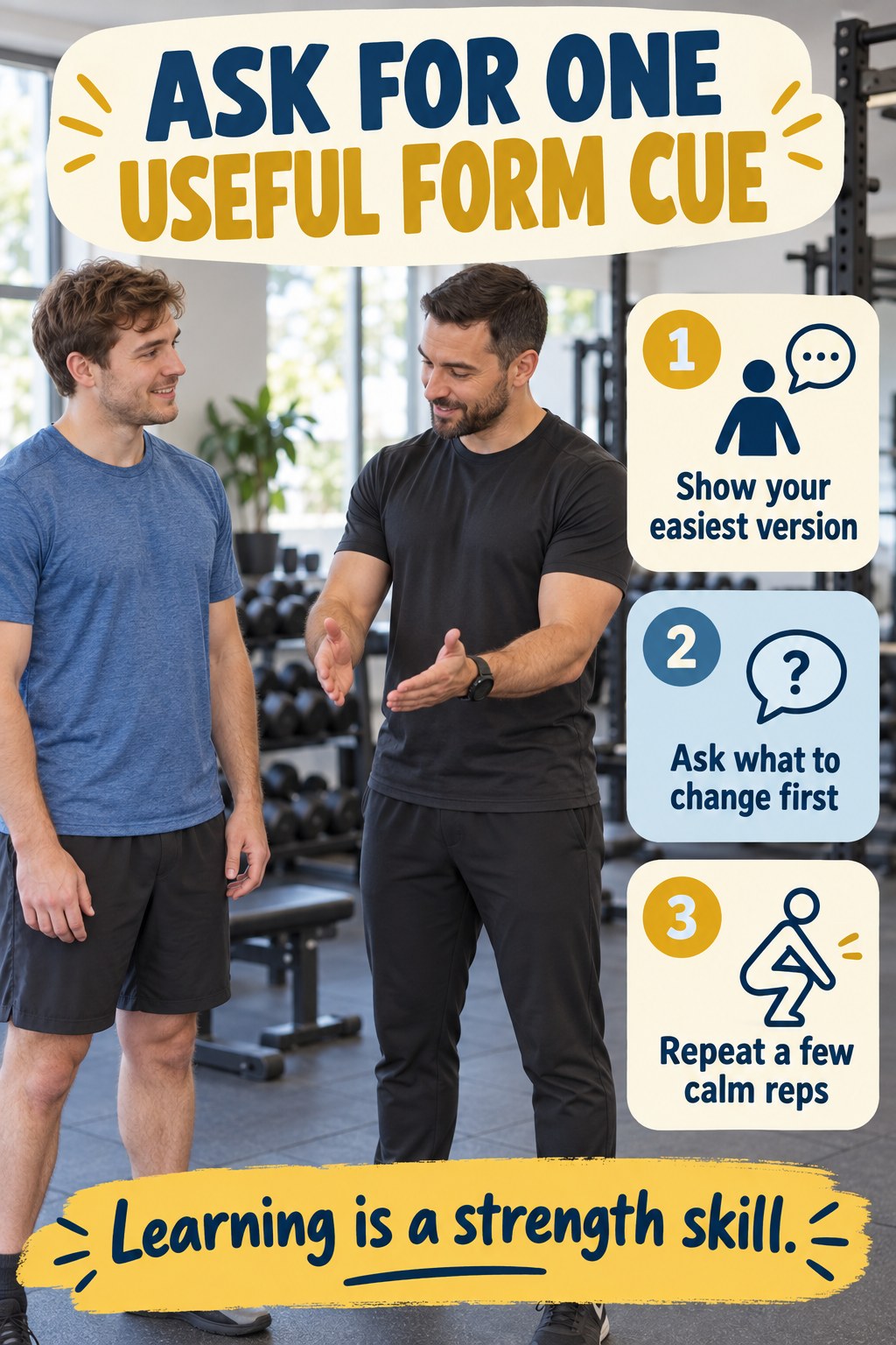 A male beginner listens to a gym instructor beside blue and mustard cards about showing an easy version and asking for one form cue.