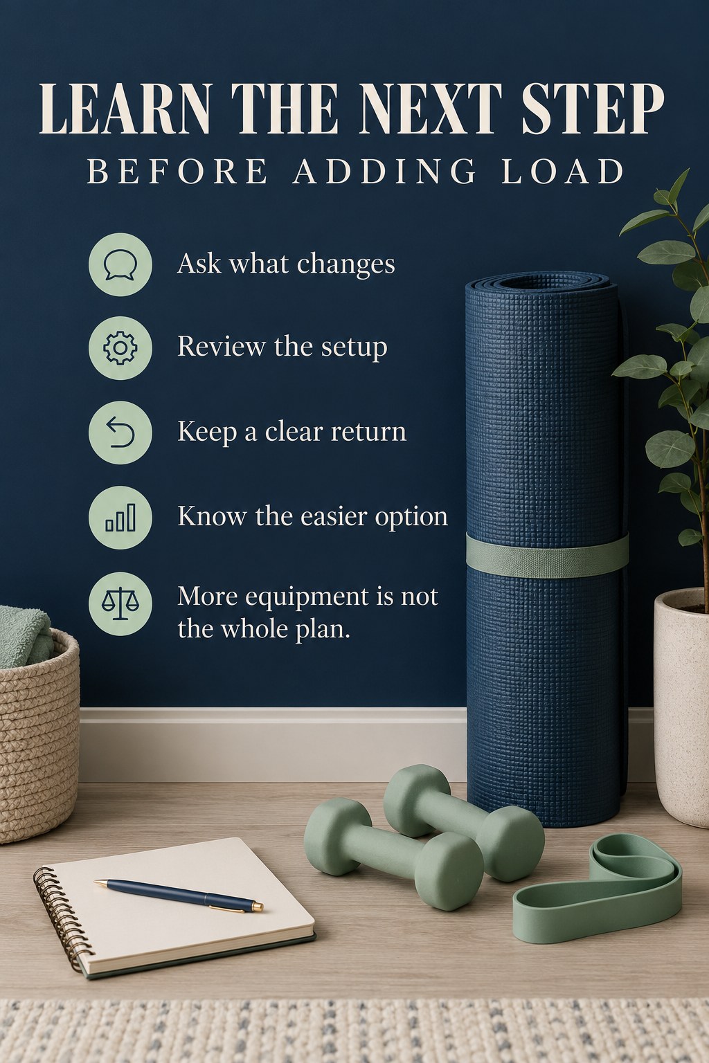 A Pilates mat beside neatly stored light dumbbells and a resistance band with a planning notebook.