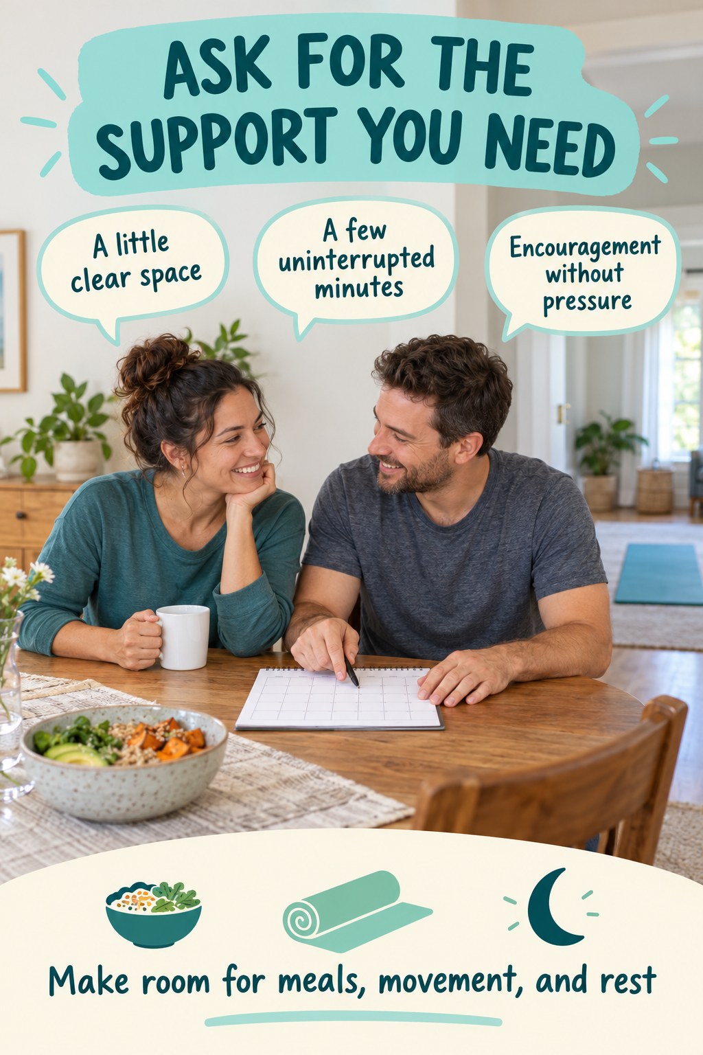 Two adults discuss a calendar beside three speech bubbles about clear space, uninterrupted minutes, and encouragement without pressure.
