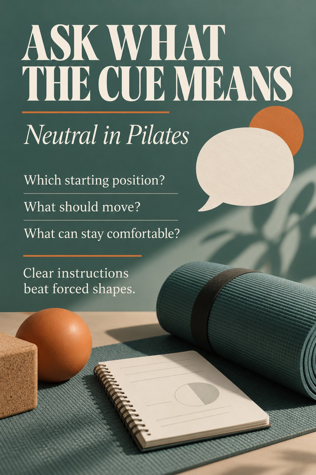 A Pilates notebook and mat beside a simple question-led guide to the word neutral.