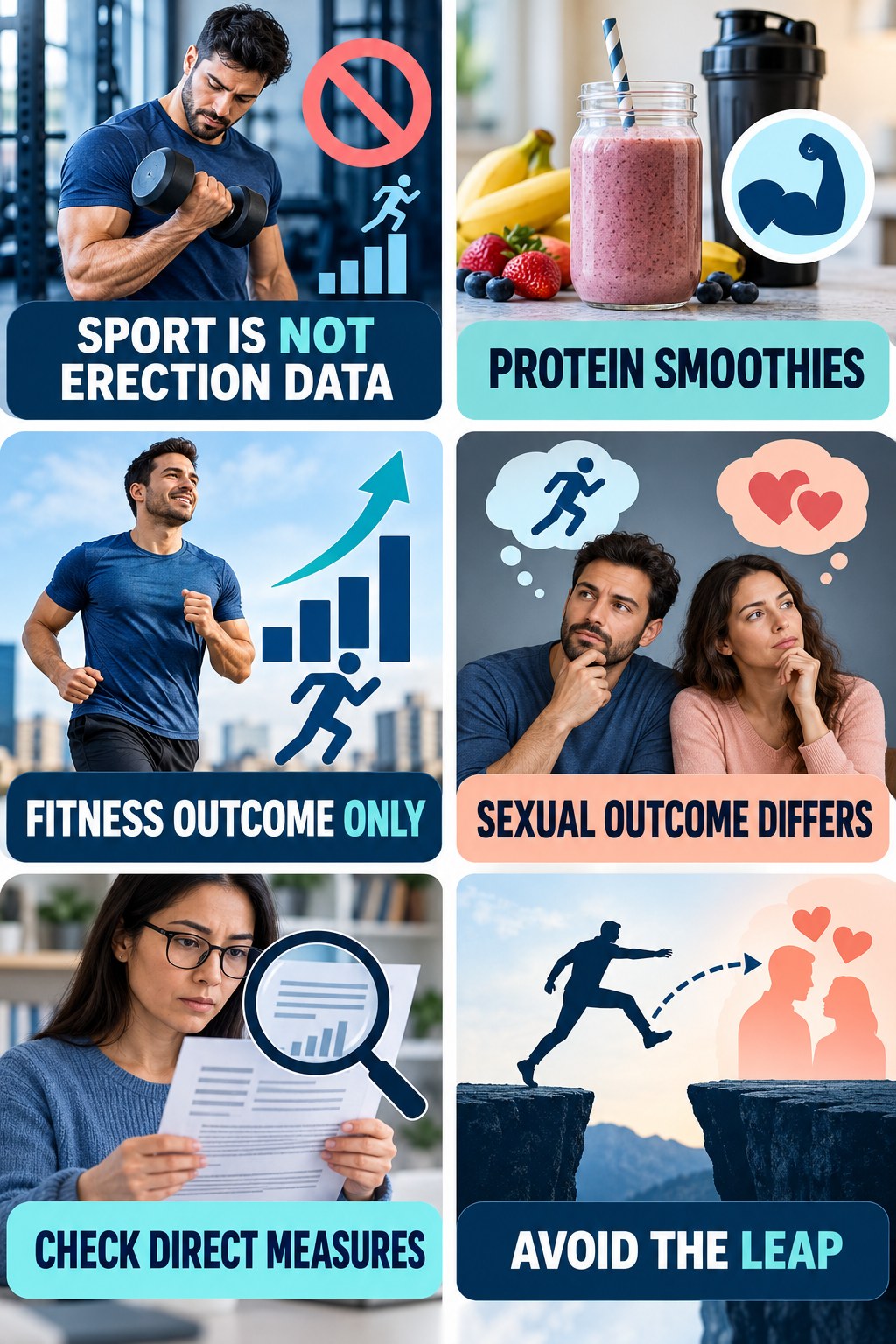 Athletic Performance Is Not Erection Evidence evidence-literacy infographic for Protein Smoothies with four concise claim-evaluation checks.