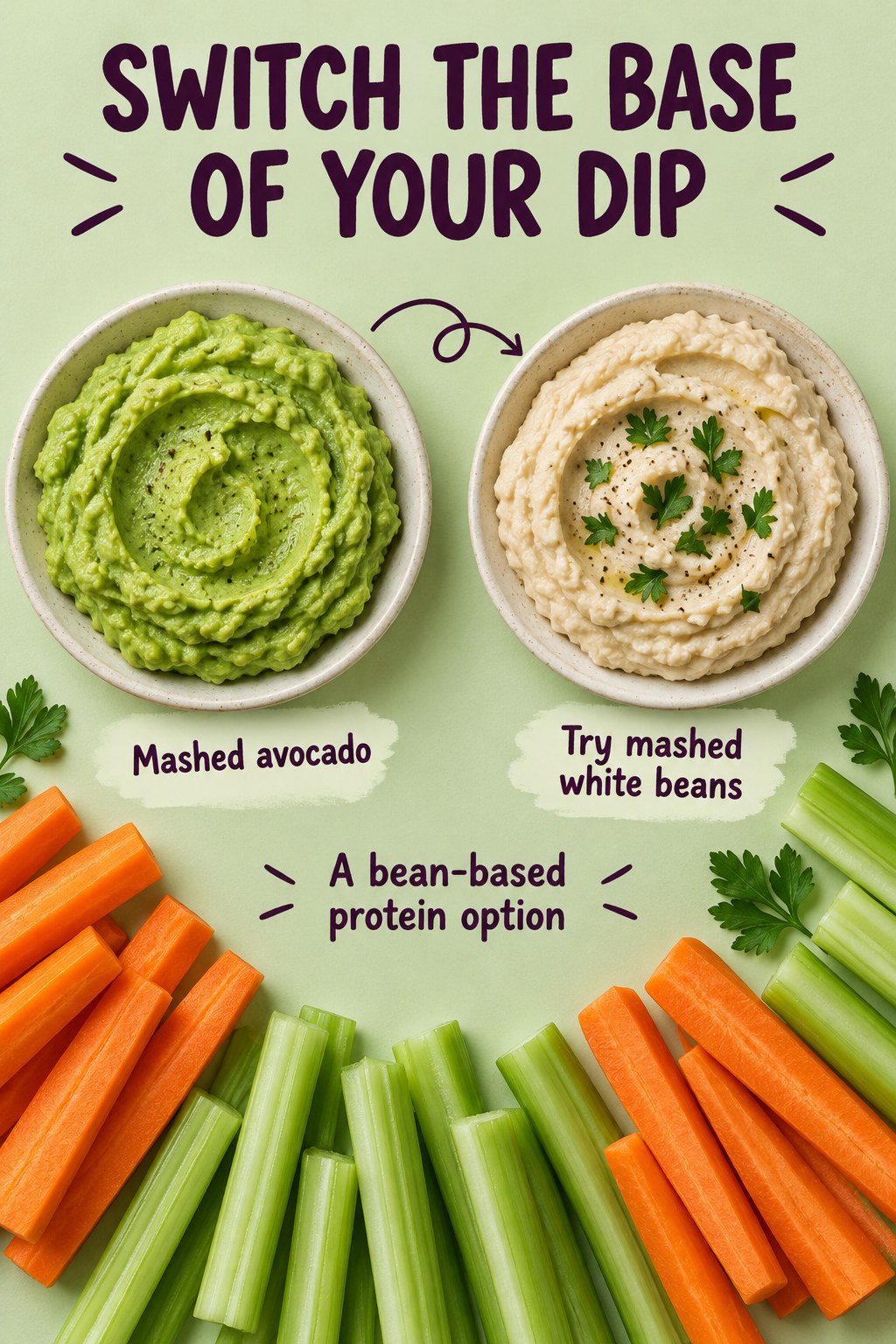 Pistachio graphic compares mashed avocado and white bean dip with carrots and celery around the plates.