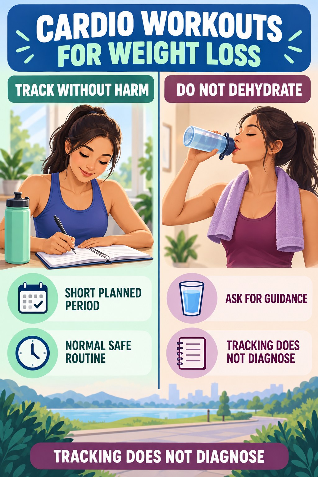 Avoid Overtracking and Fluid Restriction urinary symptom tracking infographic for Cardio Workouts for Weight Loss with four practical diary points and a non-diagnostic reminder.