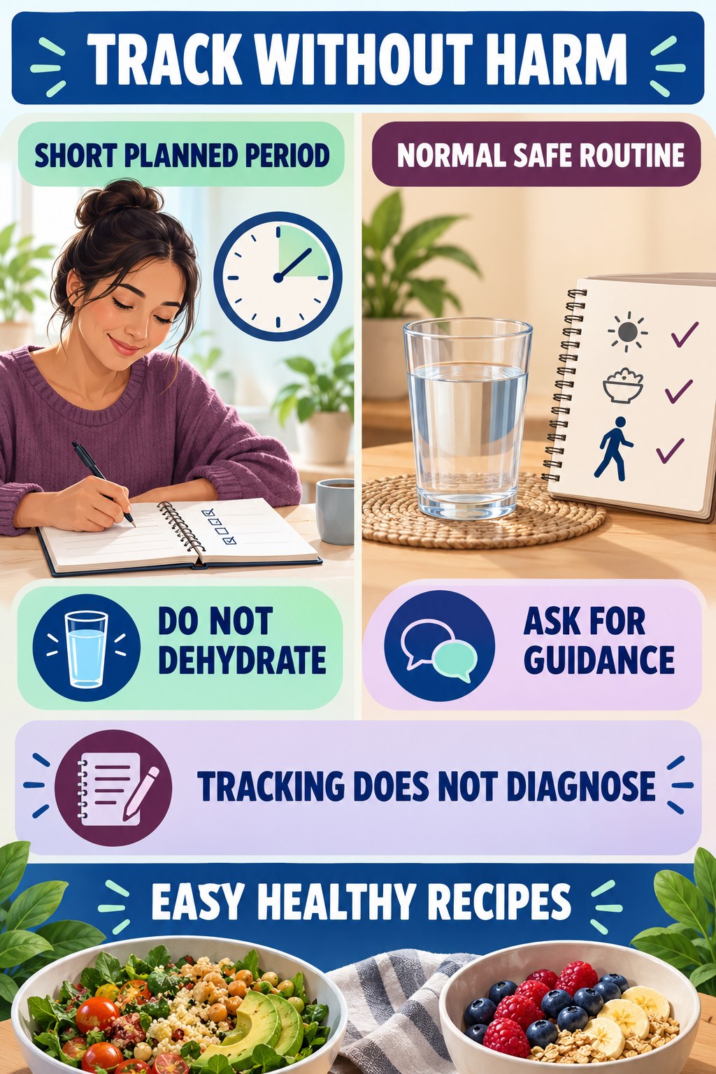 Avoid Overtracking and Fluid Restriction urinary symptom tracking infographic for Easy Healthy Recipes with four practical diary points and a non-diagnostic reminder.