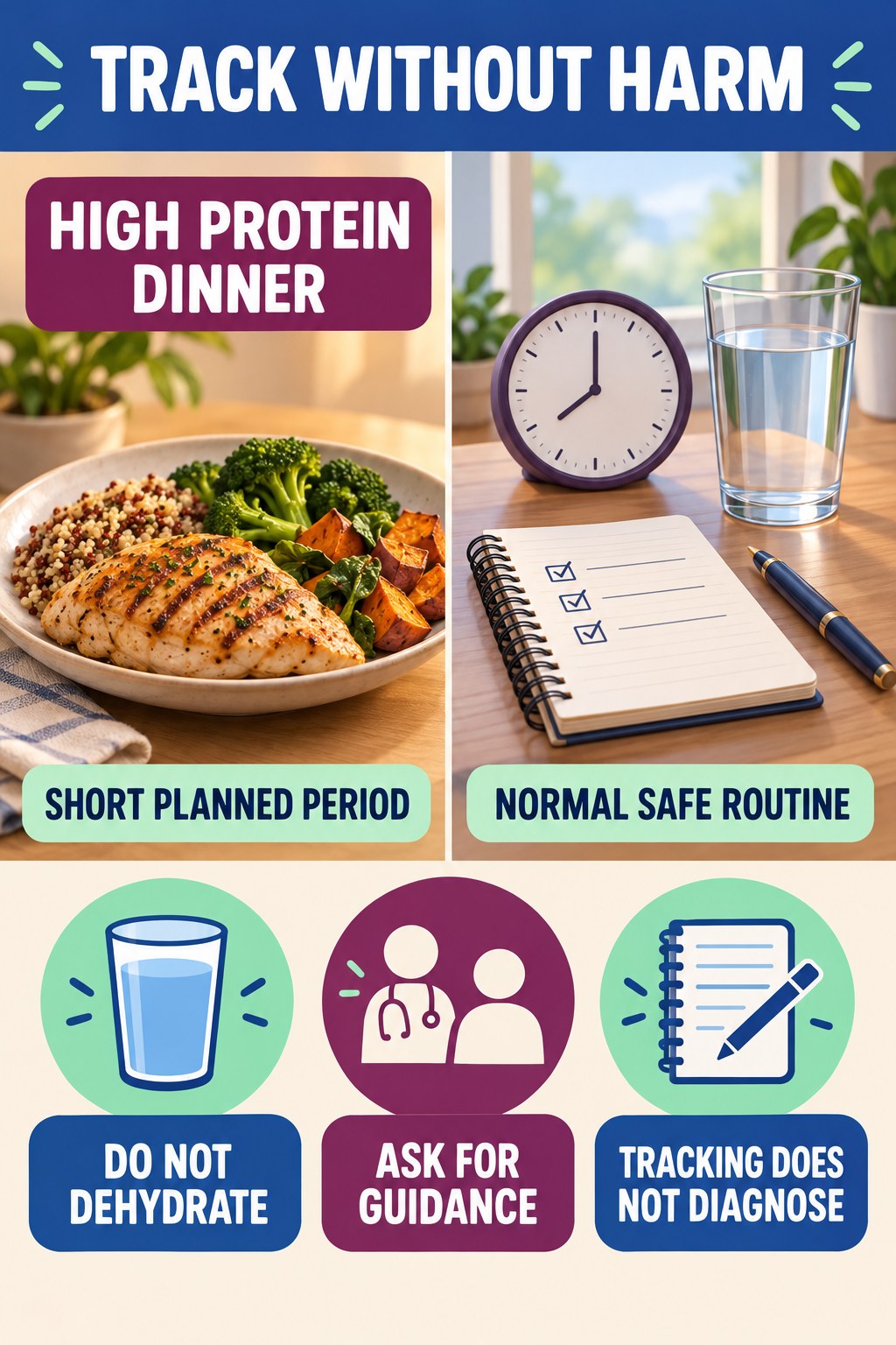 Avoid Overtracking and Fluid Restriction urinary symptom tracking infographic for High Protein Dinner with four practical diary points and a non-diagnostic reminder.