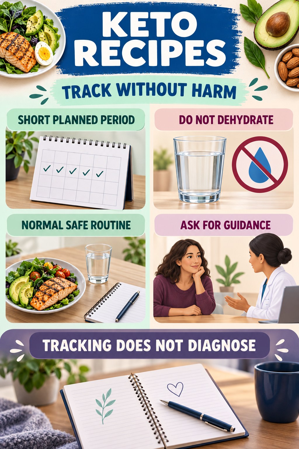 Avoid Overtracking and Fluid Restriction urinary symptom tracking infographic for Keto Recipes with four practical diary points and a non-diagnostic reminder.