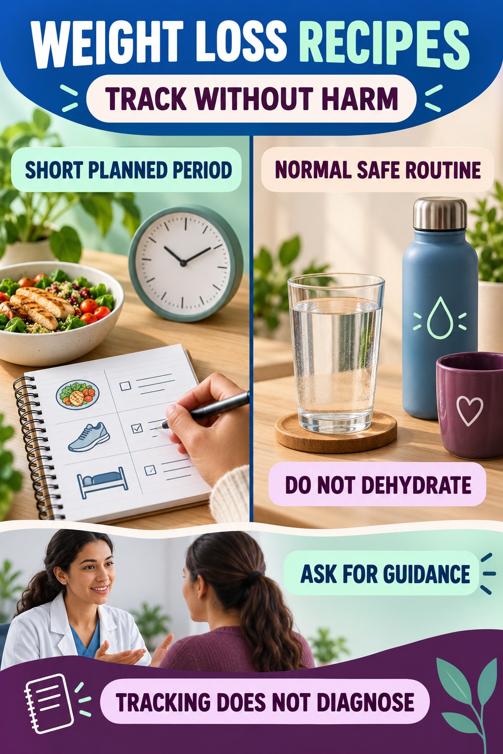 Avoid Overtracking and Fluid Restriction urinary symptom tracking infographic for Weight Loss Recipes with four practical diary points and a non-diagnostic reminder.