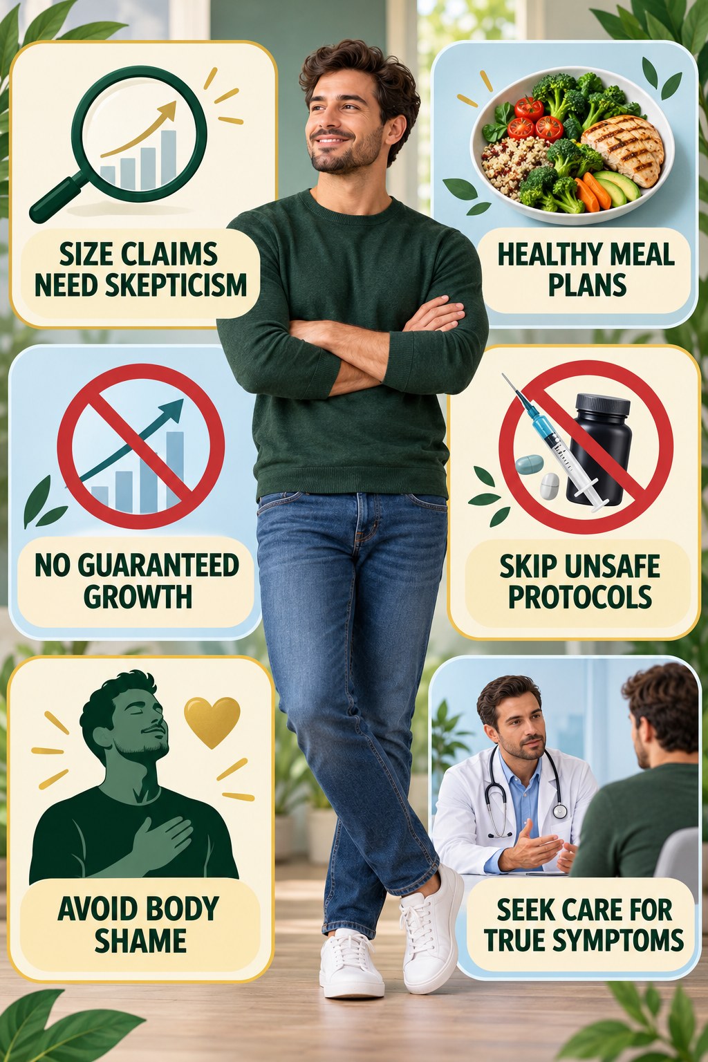 Avoid Penis Enlargement Claims infographic for Healthy Meal Plans with four concise, non-shaming sexual-health education points.