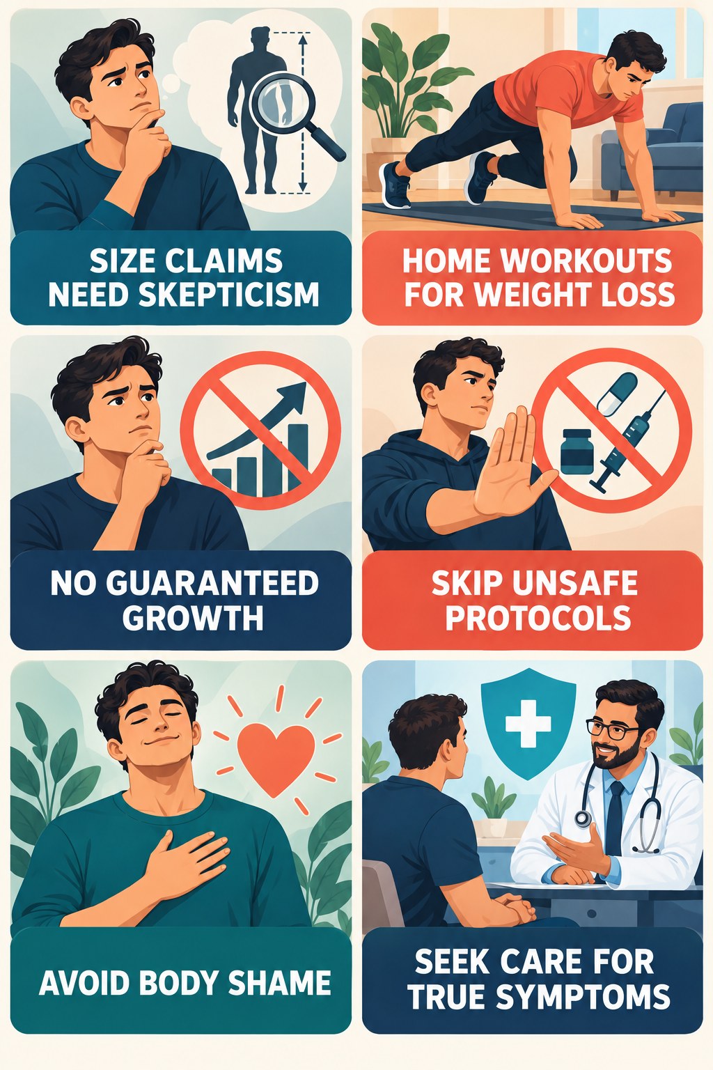 Avoid Penis Enlargement Claims infographic for Home Workouts for Weight Loss with four concise, non-shaming sexual-health education points.