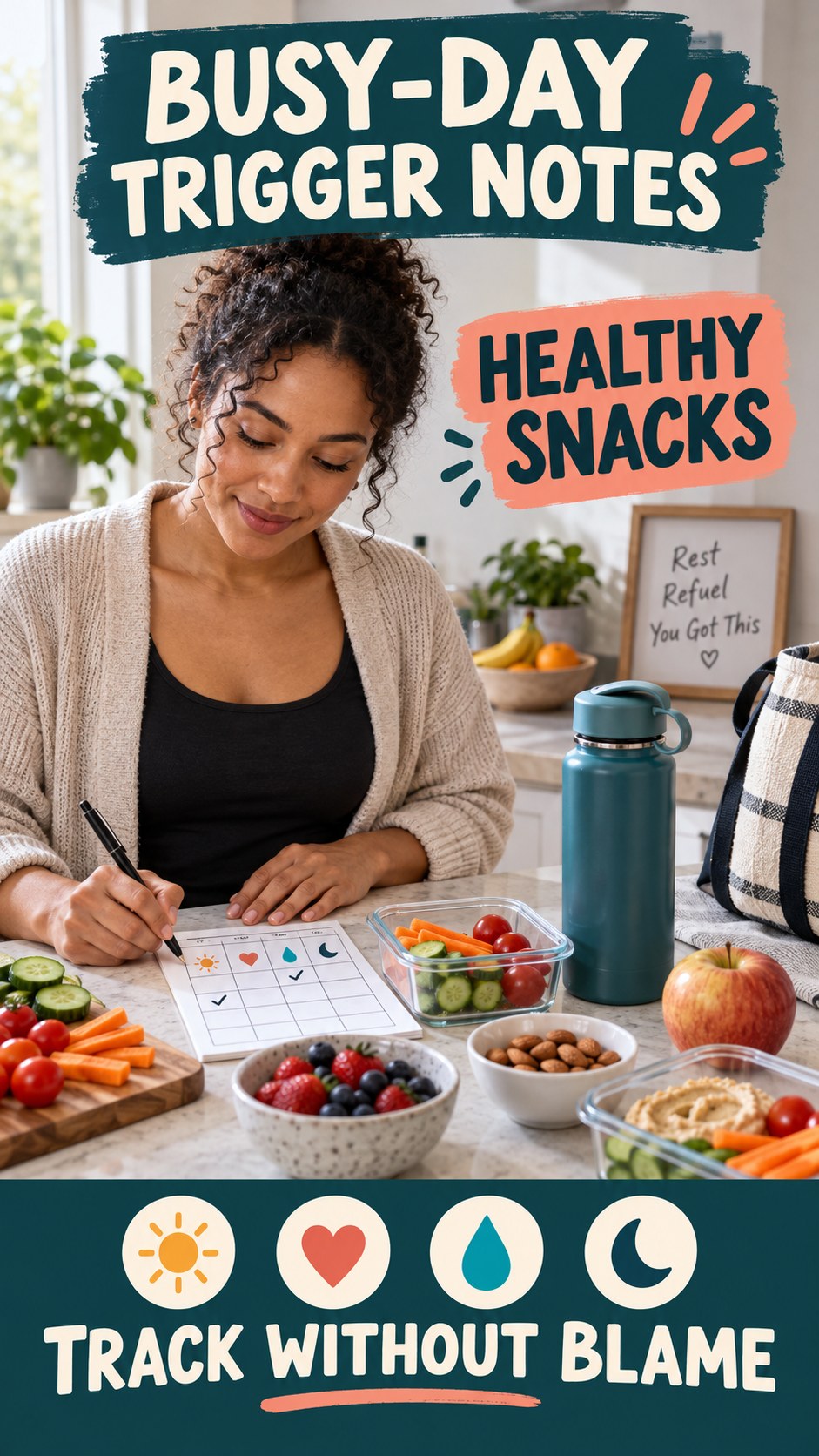 Busy-Day Trigger Notes infographic for Healthy Snacks, explaining that possible cold-sore triggers vary by person.