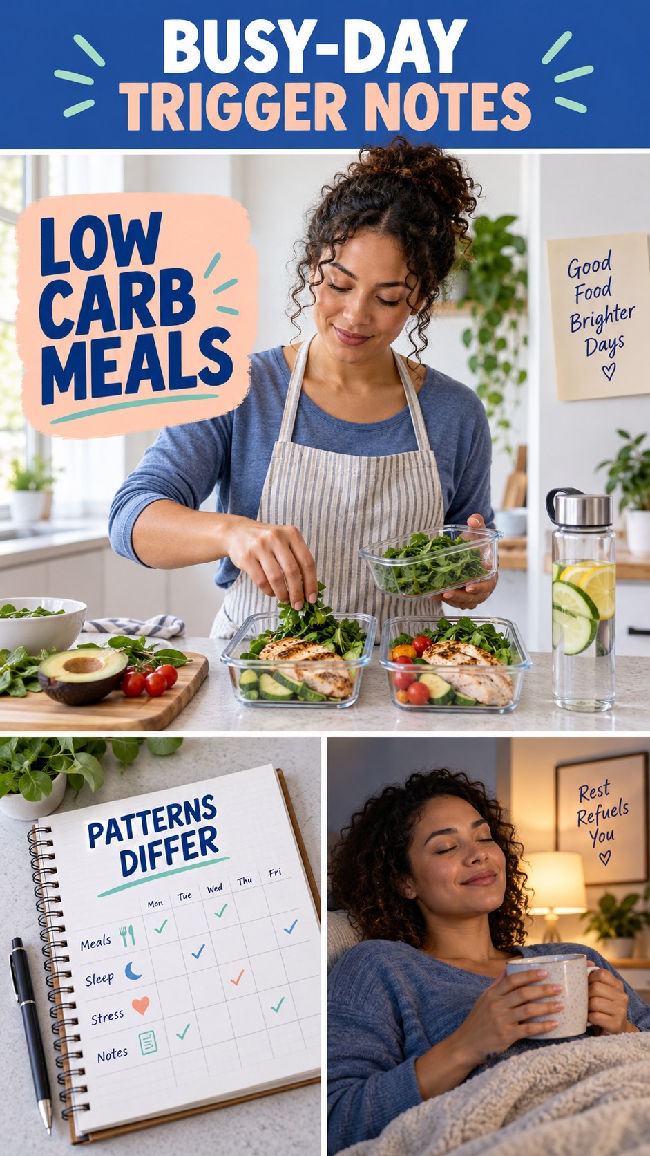 Busy-Day Trigger Notes infographic for Low Carb Meals, explaining that possible cold-sore triggers vary by person.