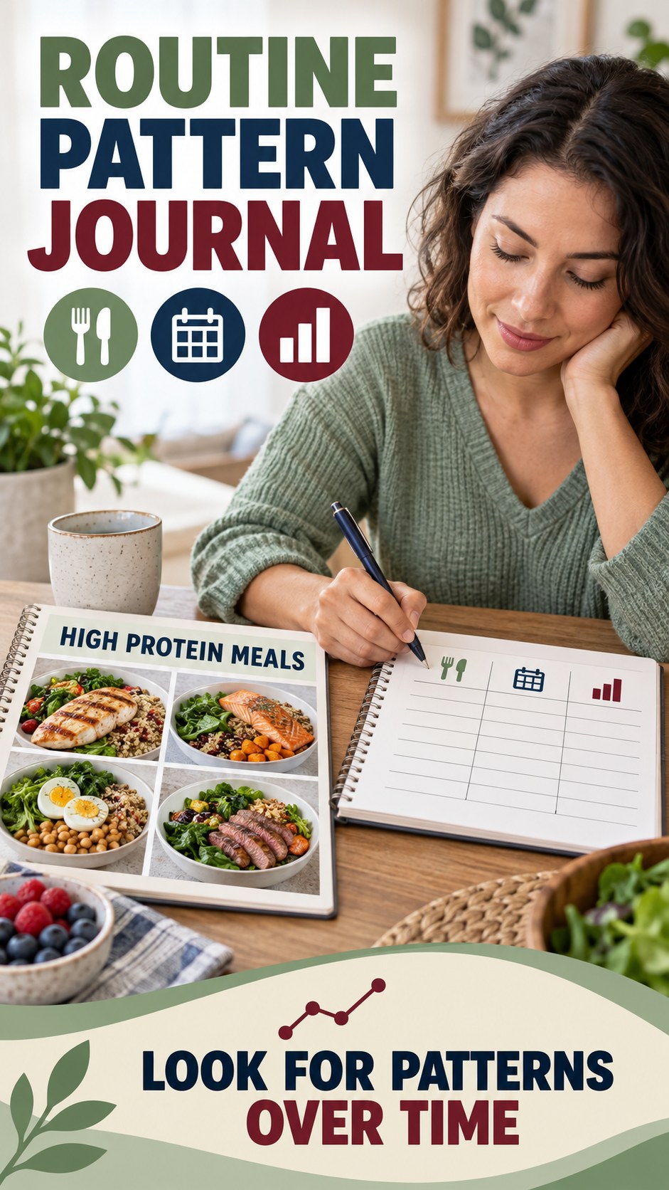 Routine Pattern Journal infographic for High Protein Meals, explaining that possible cold-sore triggers vary by person.