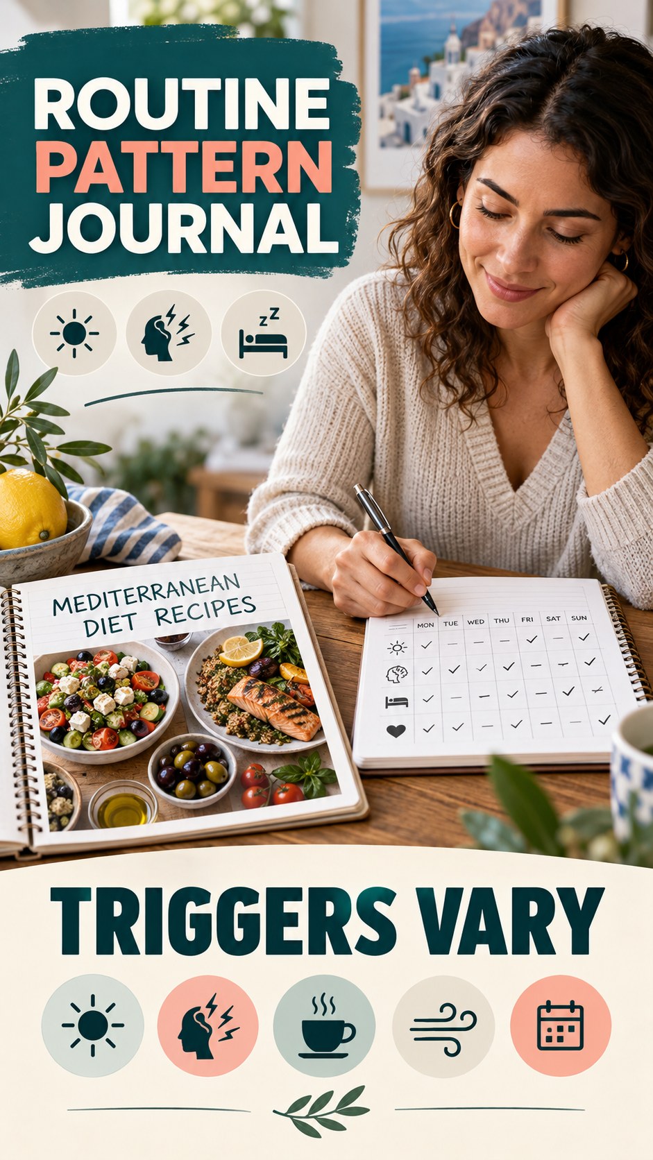 Routine Pattern Journal infographic for Mediterranean Diet Recipes, explaining that possible cold-sore triggers vary by person.