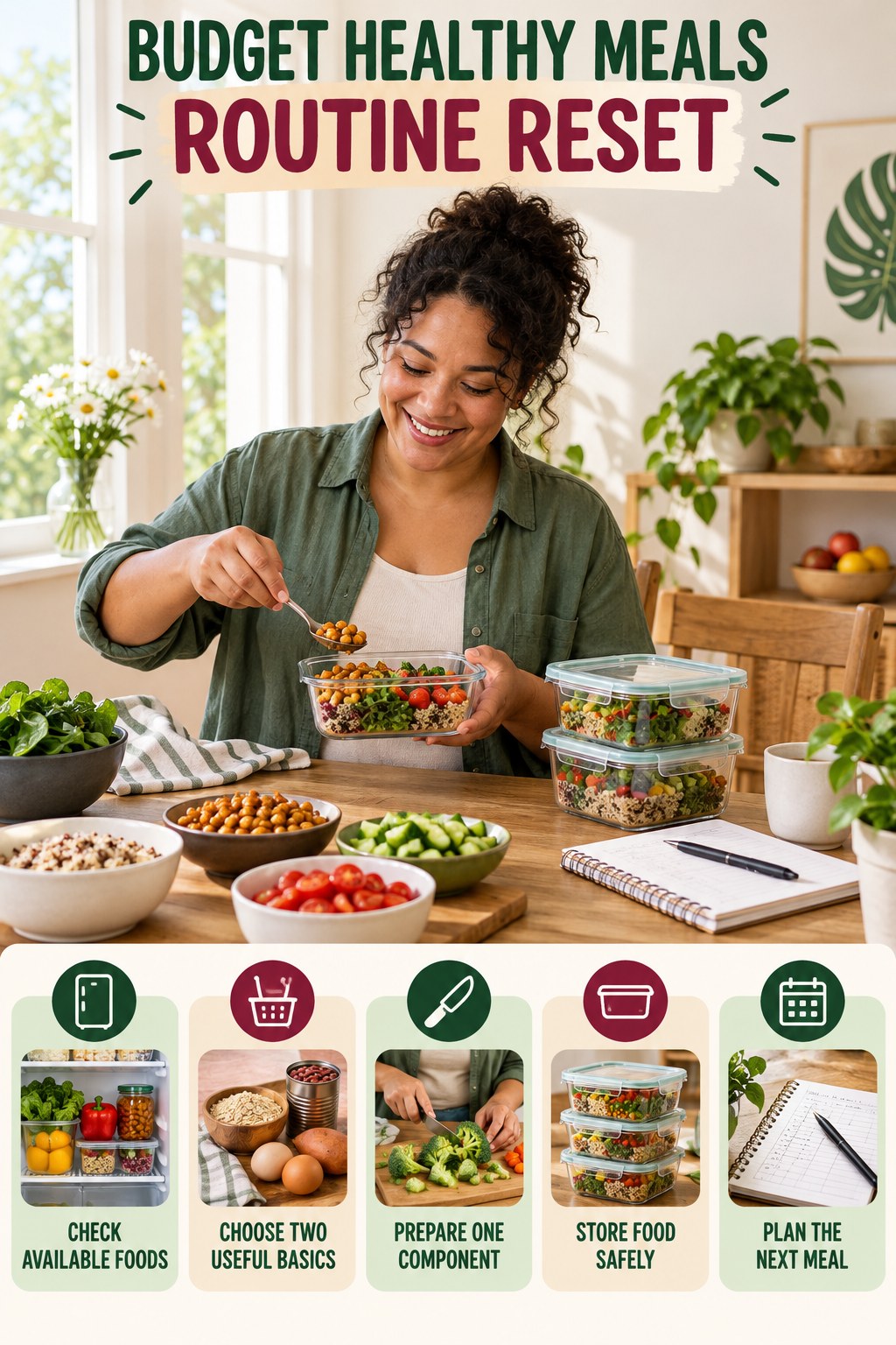 Back-to-Basics Meal Prep Reset for Budget Healthy Meals with five readable routine-reset cues and a realistic board-relevant wellness scene.