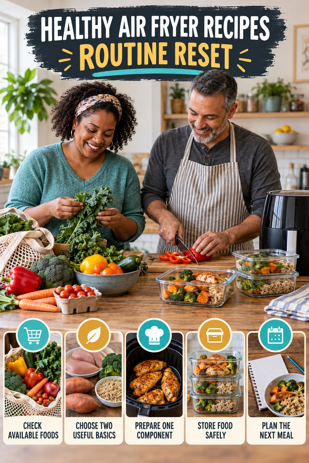 Back-to-Basics Meal Prep Reset for Healthy Air Fryer Recipes with five readable routine-reset cues and a realistic board-relevant wellness scene.