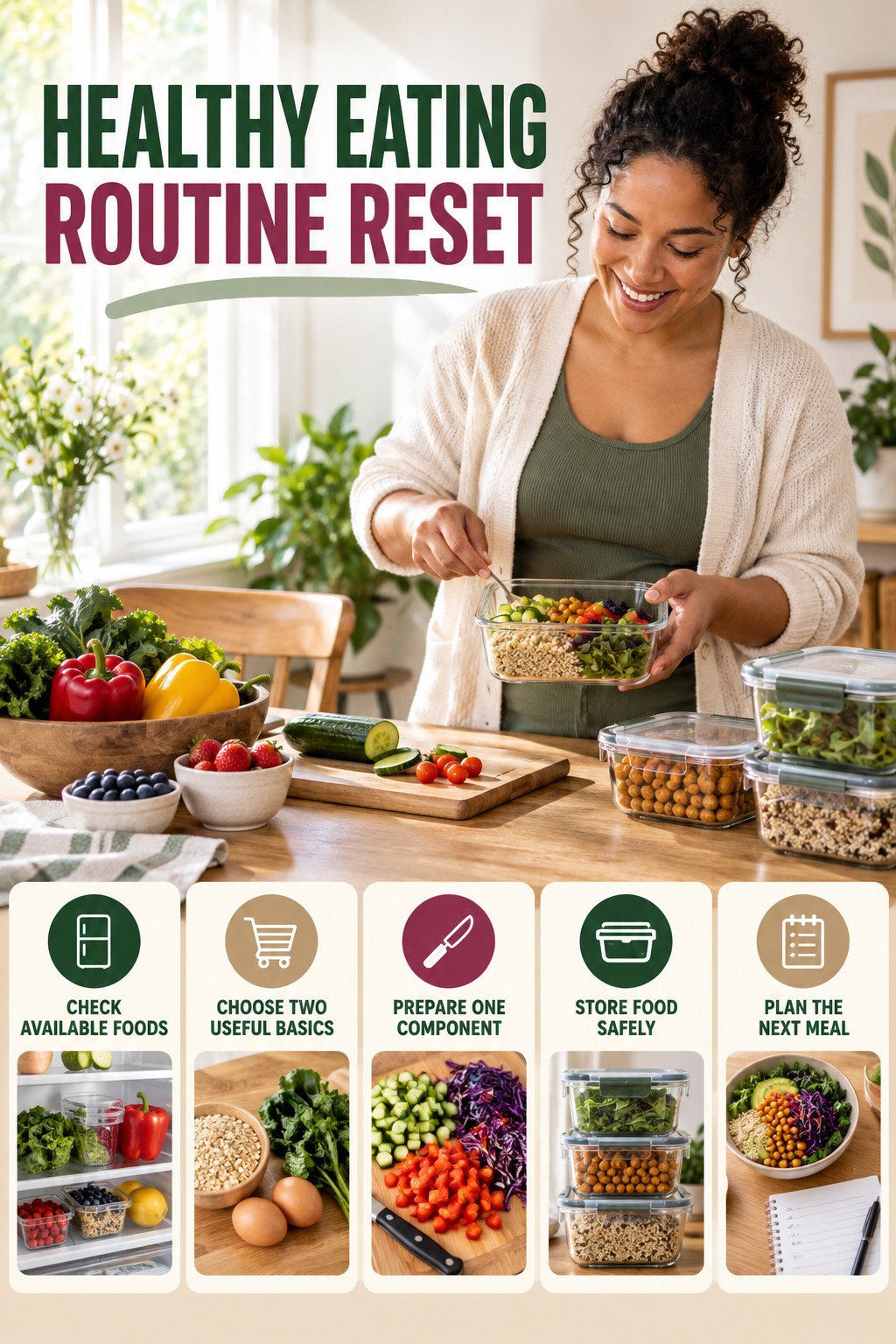 Back-to-Basics Meal Prep Reset for Healthy Eating with five readable routine-reset cues and a realistic board-relevant wellness scene.