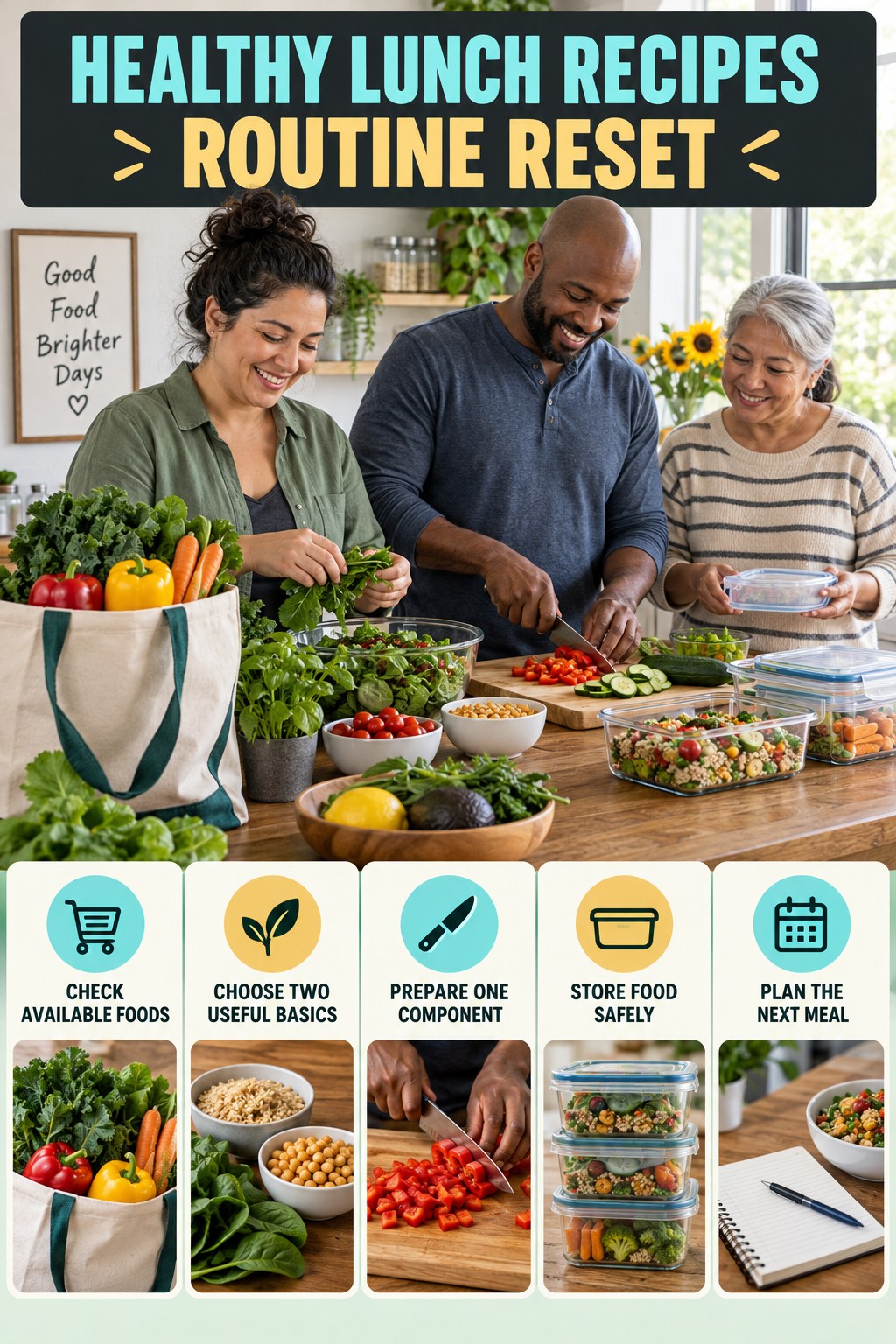 Back-to-Basics Meal Prep Reset for Healthy Lunch Recipes with five readable routine-reset cues and a realistic board-relevant wellness scene.