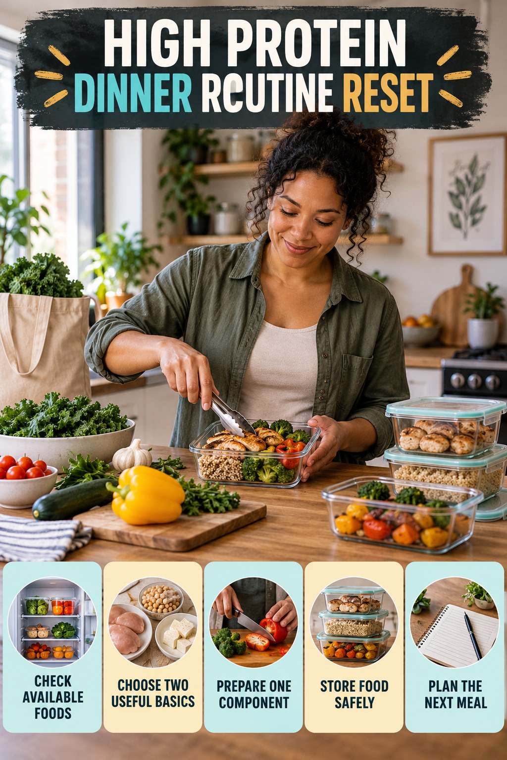 Back-to-Basics Meal Prep Reset for High Protein Dinner with five readable routine-reset cues and a realistic board-relevant wellness scene.