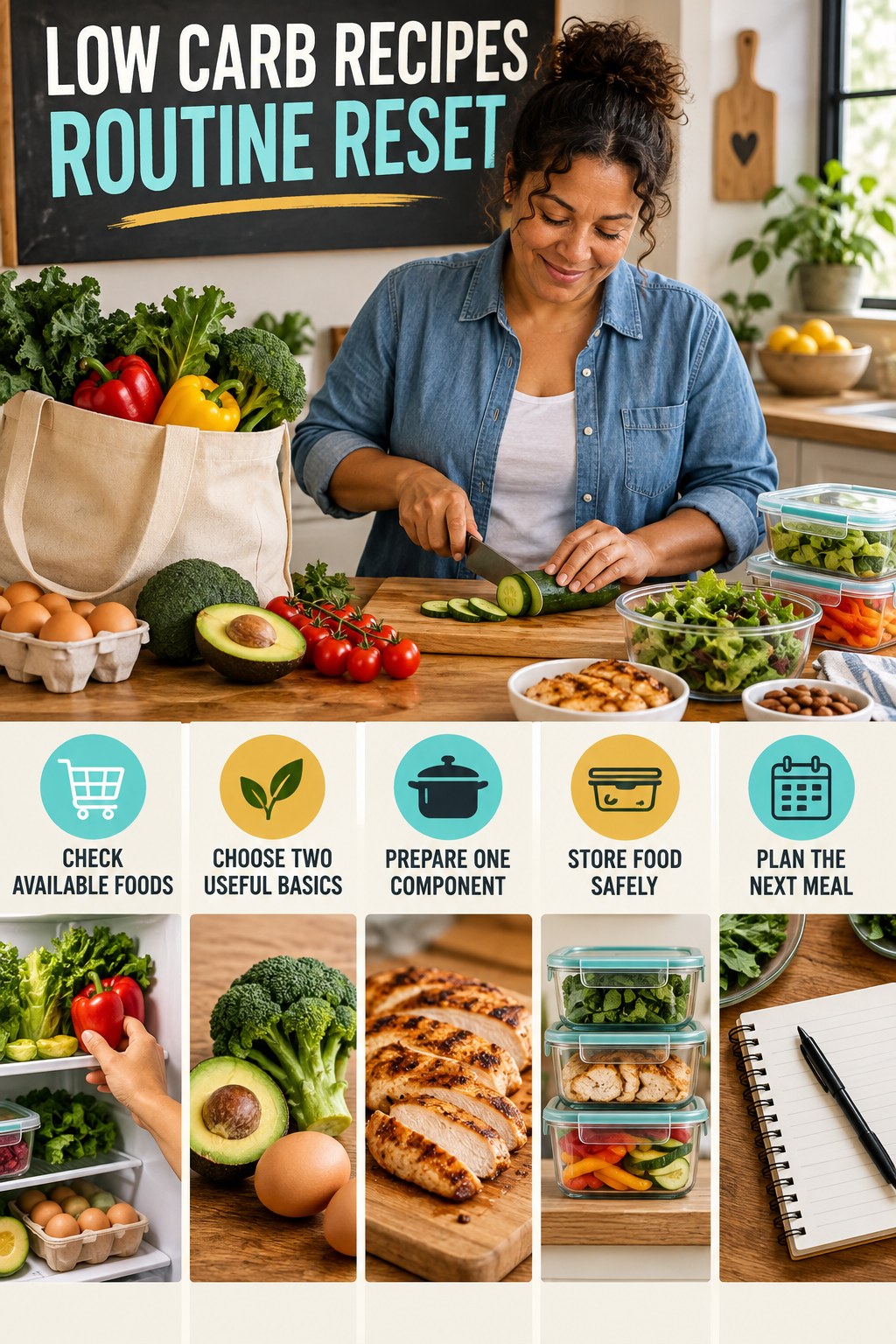 Back-to-Basics Meal Prep Reset for Low Carb Recipes with five readable routine-reset cues and a realistic board-relevant wellness scene.