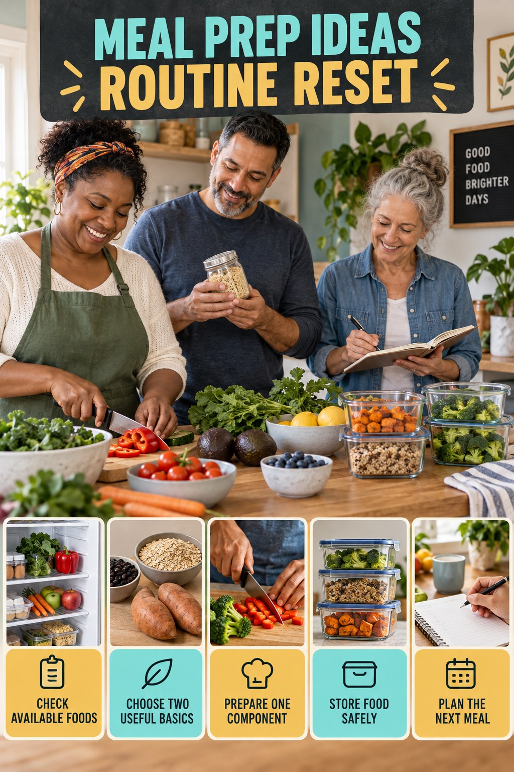 Back-to-Basics Meal Prep Reset for Meal Prep Ideas with five readable routine-reset cues and a realistic board-relevant wellness scene.