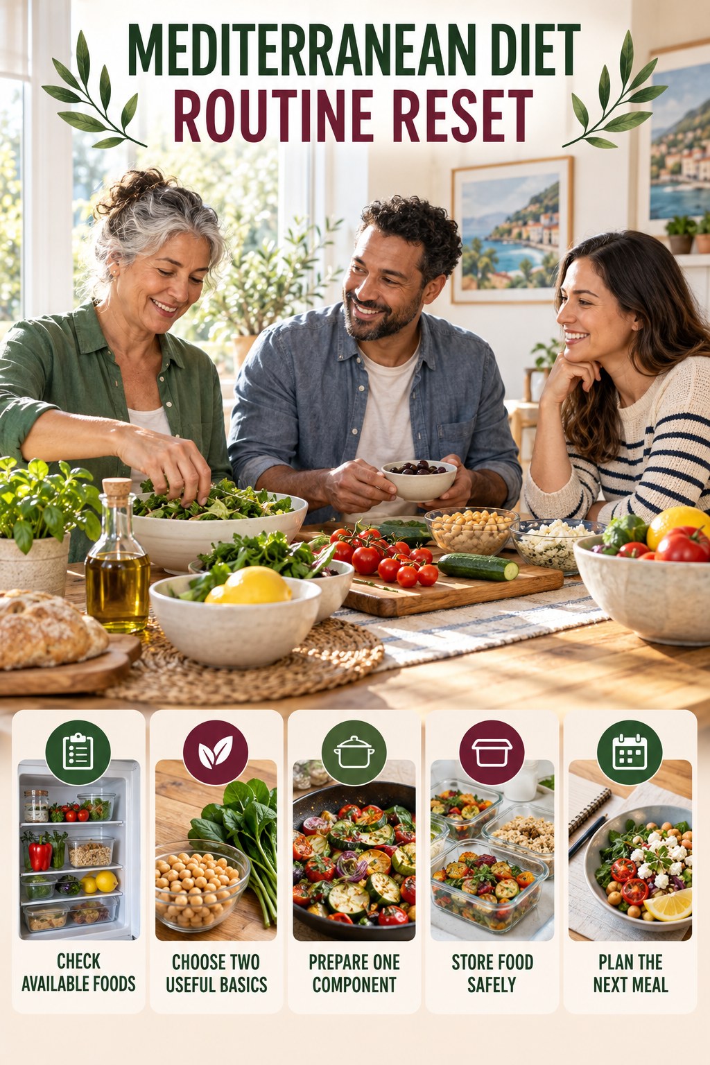 Back-to-Basics Meal Prep Reset for Mediterranean Diet with five readable routine-reset cues and a realistic board-relevant wellness scene.
