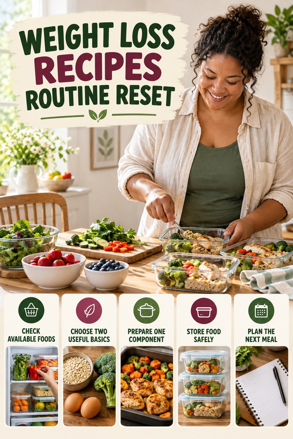 Back-to-Basics Meal Prep Reset for Weight Loss Recipes with five readable routine-reset cues and a realistic board-relevant wellness scene.