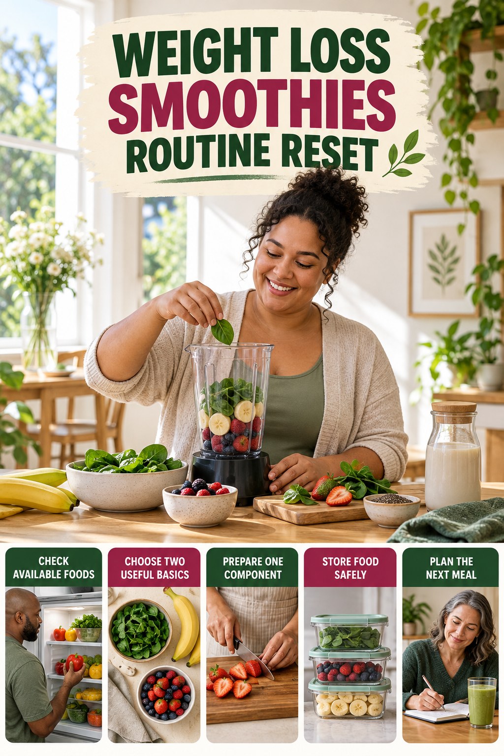 Back-to-Basics Meal Prep Reset for Weight Loss Smoothies with five readable routine-reset cues and a realistic board-relevant wellness scene.