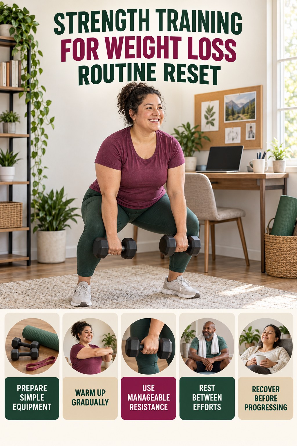 Back-to-Basics Strength Reset for Strength Training for Weight Loss with five readable routine-reset cues and a realistic board-relevant wellness scene.