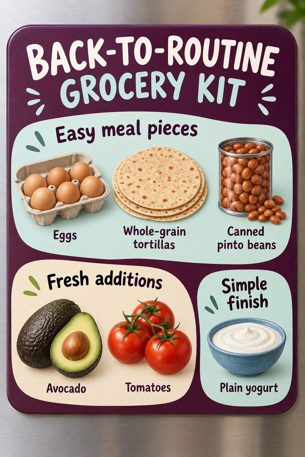 Plum and aqua fridge checklist listing eggs, whole-grain tortillas, pinto beans, avocado, tomatoes and plain yogurt.