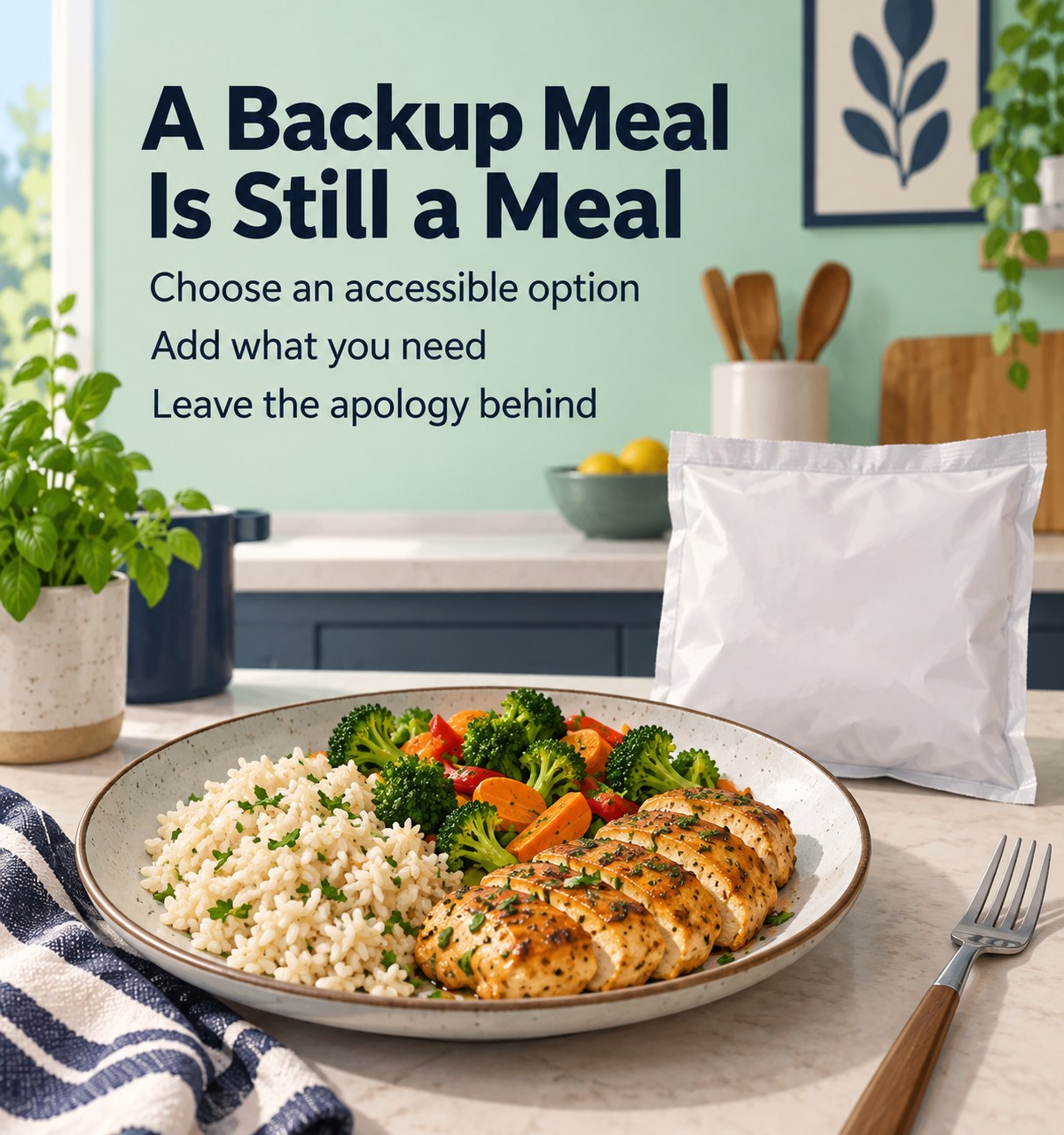 A convenient prepared meal with vegetables and bread beside the headline A Backup Meal Is Still a Meal.