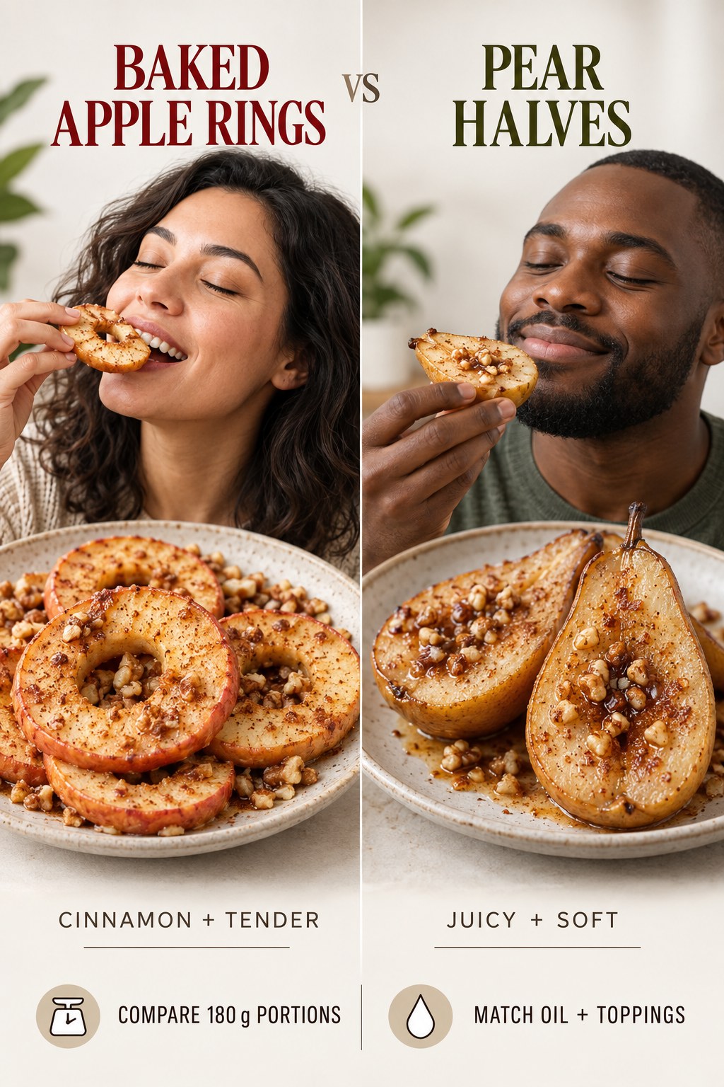 Baked apple rings and baked pear halves in equal cinnamon-seasoned dessert portions.