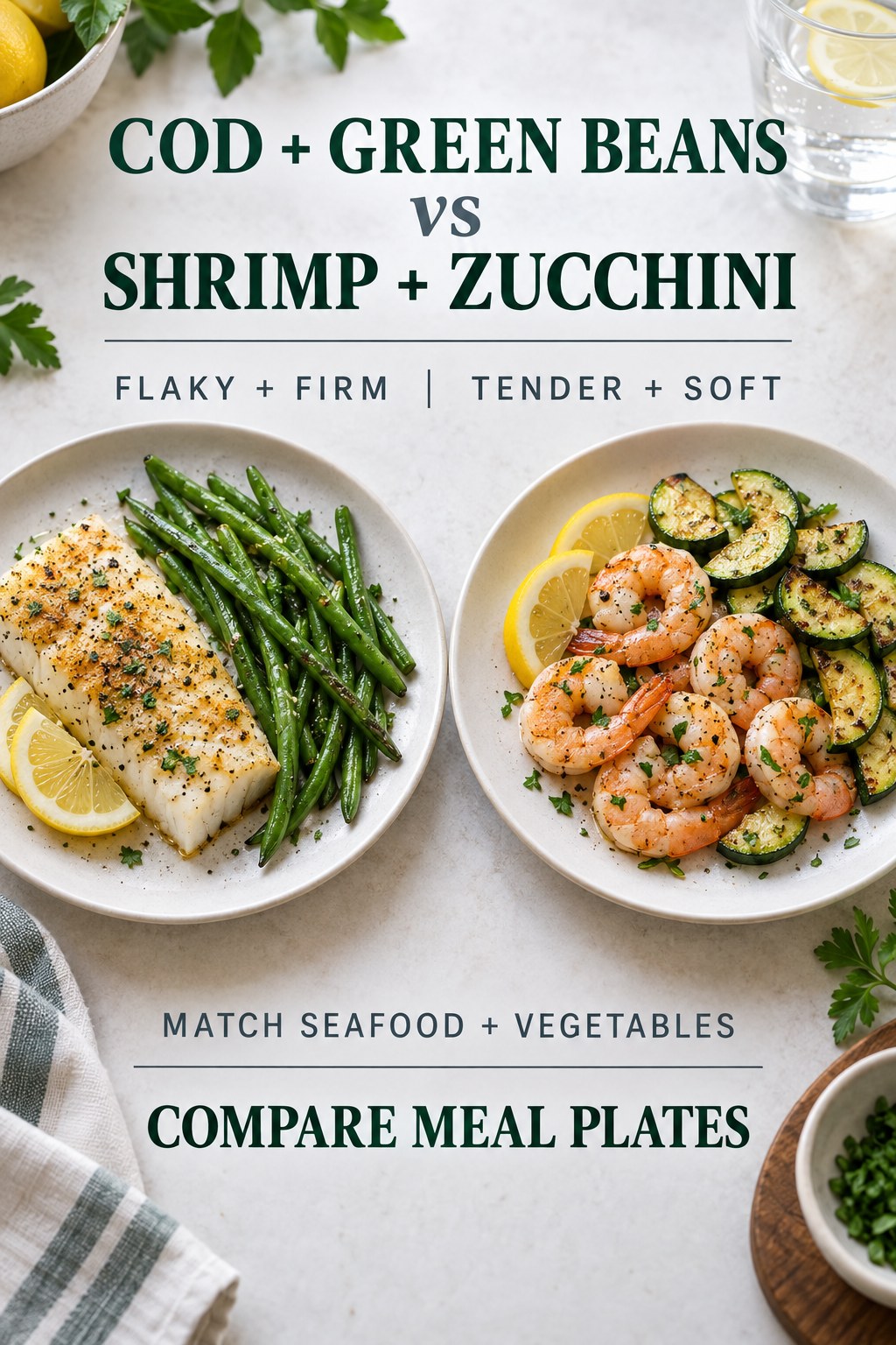Baked cod with green beans and shrimp with zucchini in equal meal plates with lemon and garlic.