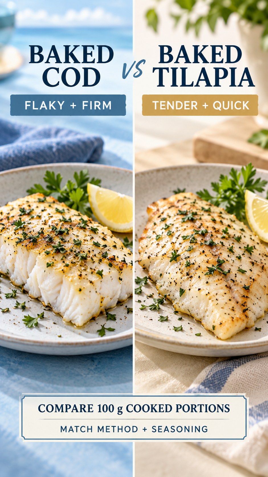 Plain baked cod and tilapia in equal 100 g cooked portions, compared for texture, moisture, cooking time, and recipe use.