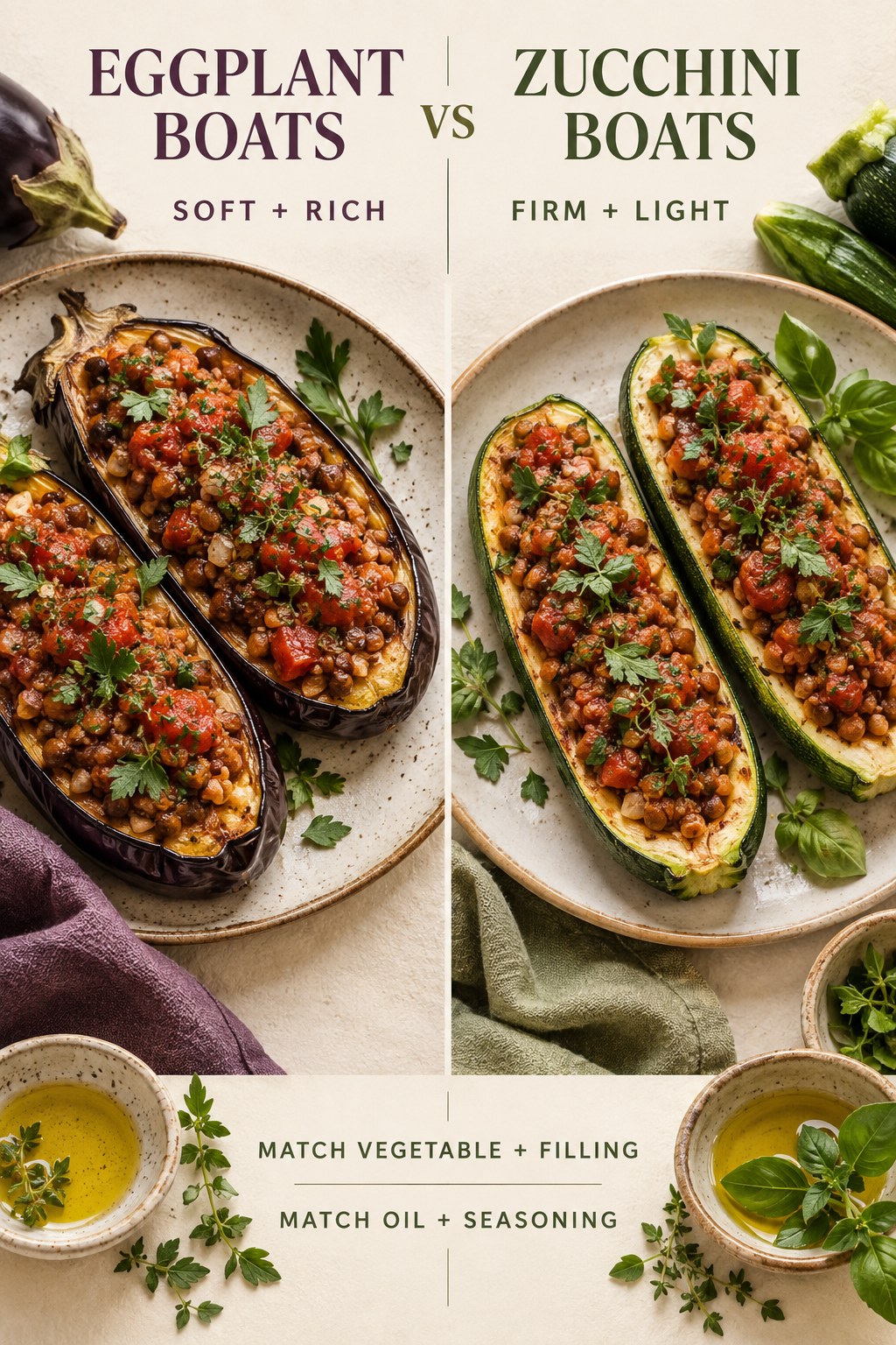 Baked eggplant boats and stuffed zucchini boats with equal tomato-lentil filling, herbs, and vegetables.