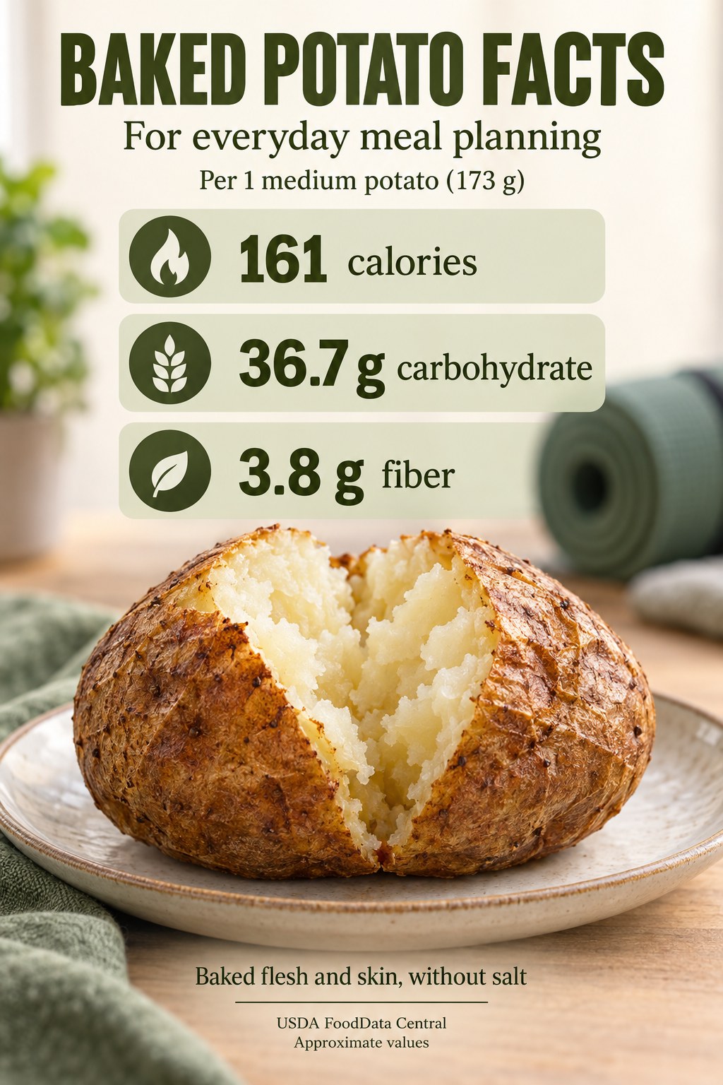 Baked potato card listing 161 calories, 36.7 grams carbohydrate and 3.8 grams fiber per medium potato weighing 173 grams, with flesh and skin.