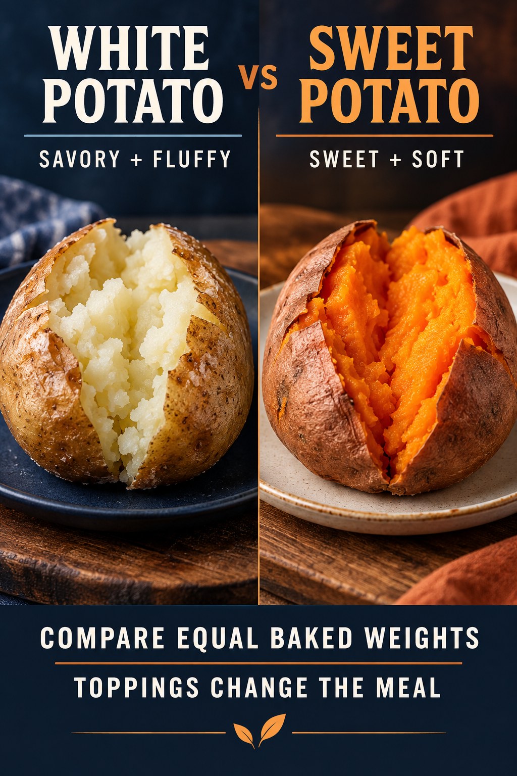 Baked white potato and sweet potato at equal cooked weights, compared for texture, nutrients, toppings, and recipe uses.