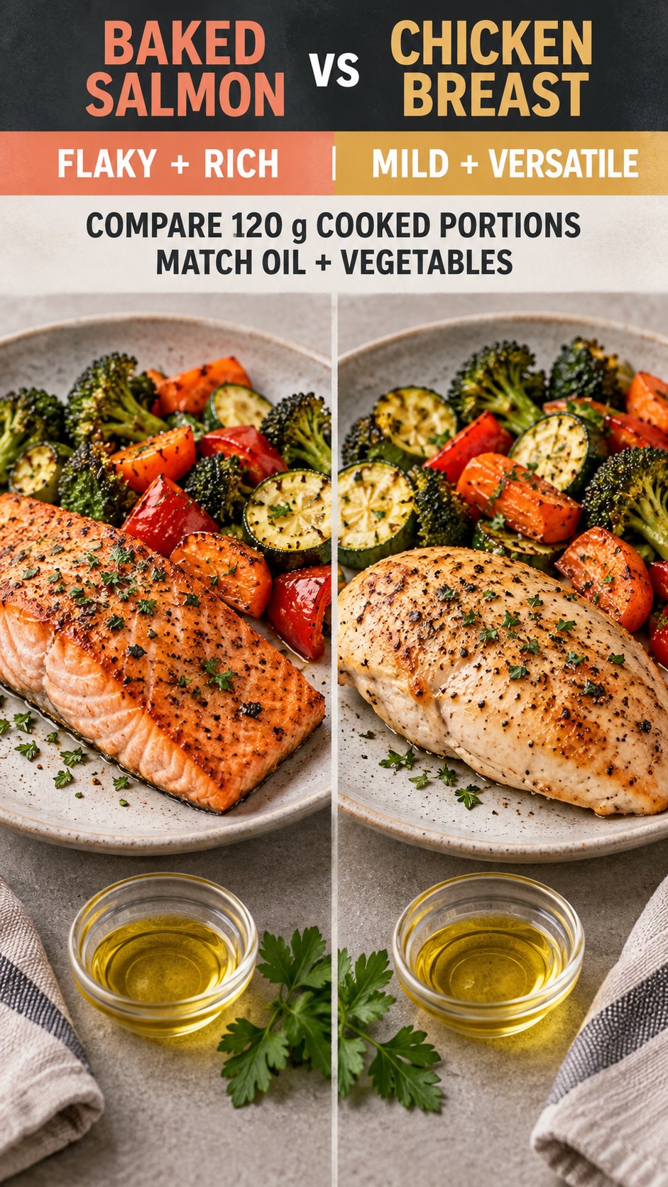 Baked salmon and chicken breast in equal cooked portions with matching sheet-pan vegetables.