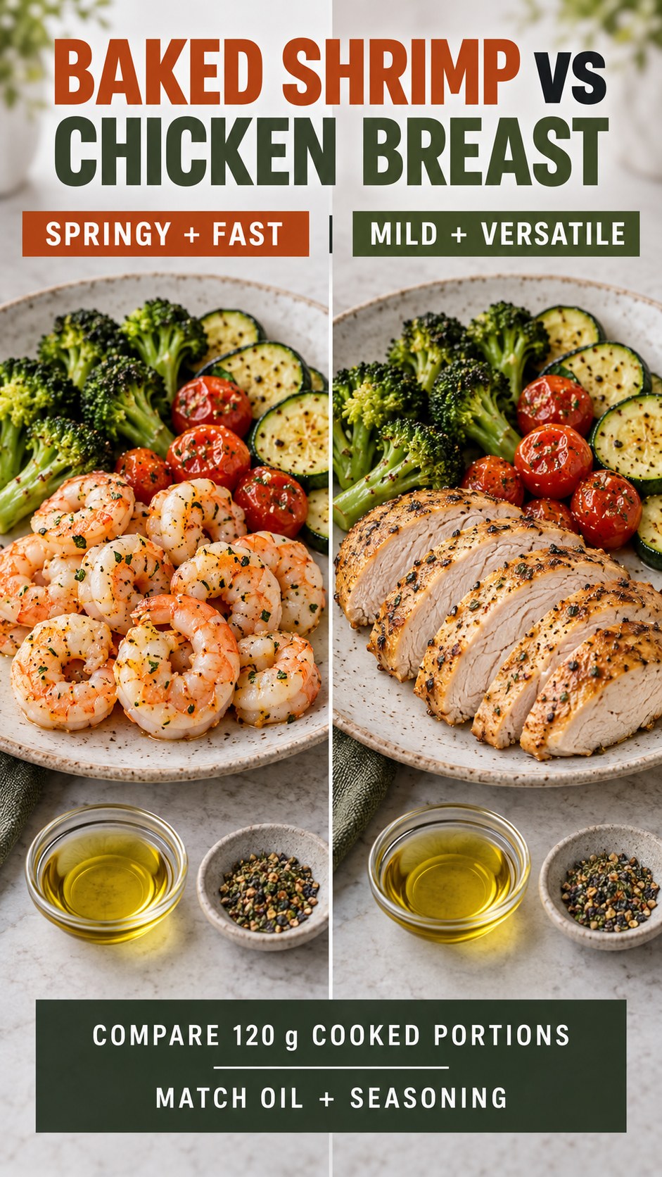 Baked shrimp and chicken breast in equal cooked portions with matching vegetables for a protein meal.