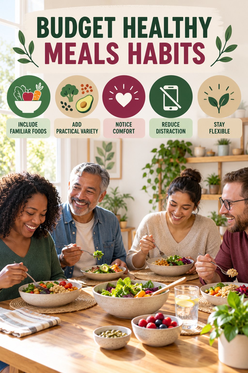 Balanced Eating Habits for Budget Healthy Meals with five readable habit cues and a realistic board-relevant wellness scene.