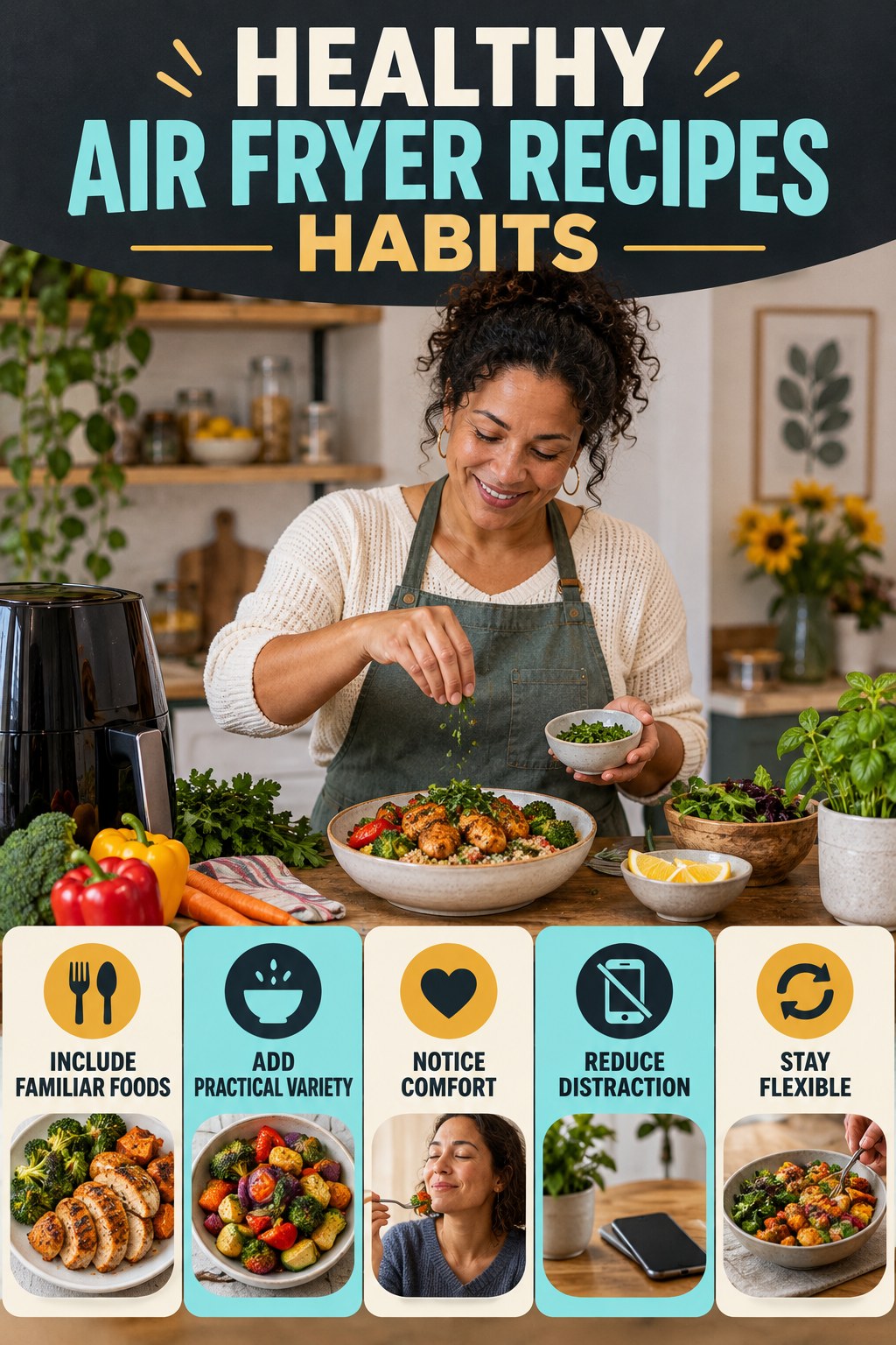 Balanced Eating Habits for Healthy Air Fryer Recipes with five readable habit cues and a realistic board-relevant wellness scene.