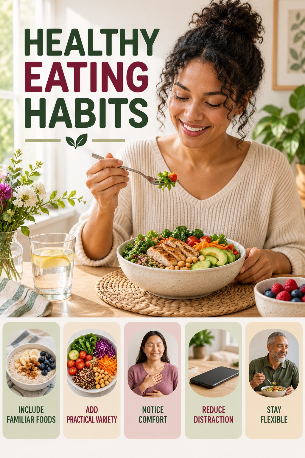 Balanced Eating Habits for Healthy Eating with five readable habit cues and a realistic board-relevant wellness scene.
