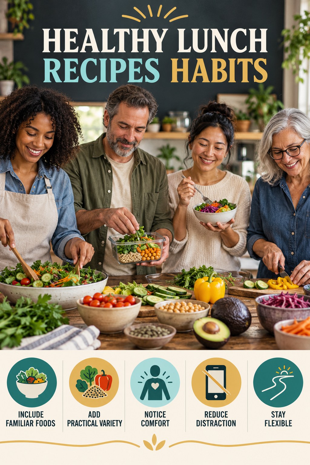 Balanced Eating Habits for Healthy Lunch Recipes with five readable habit cues and a realistic board-relevant wellness scene.