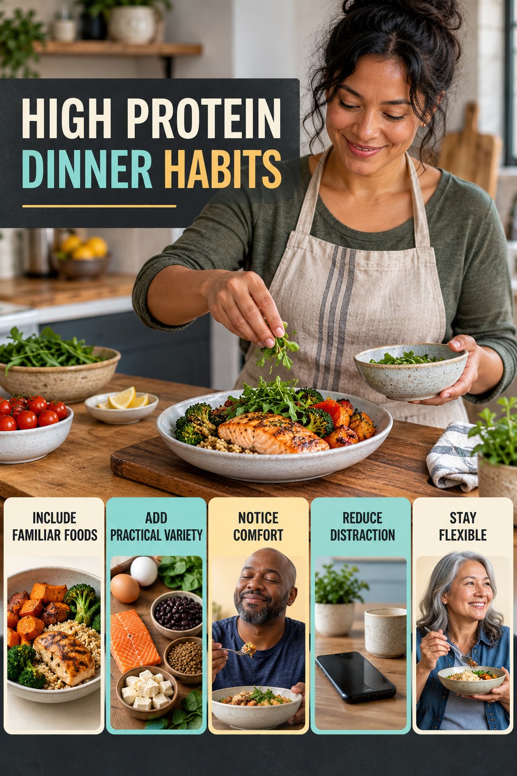 Balanced Eating Habits for High Protein Dinner with five readable habit cues and a realistic board-relevant wellness scene.